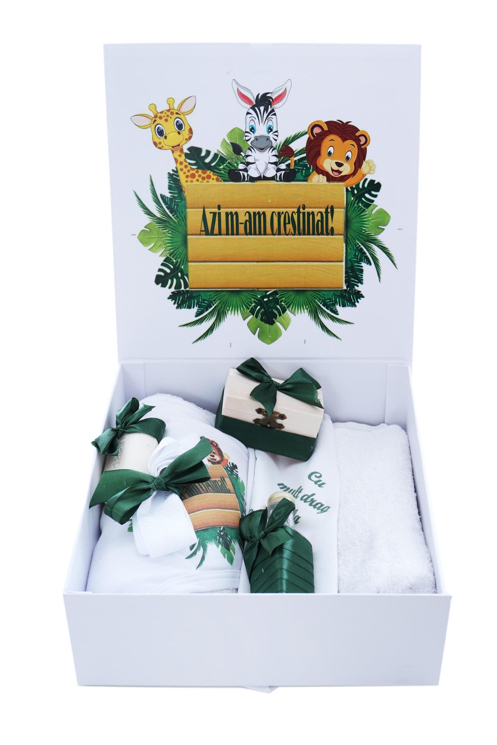 Set cutie trusou cu lumanare, 9 piese, Safari "Azi m-am crestinat!", verde inchis, Recostore®, REC2414
