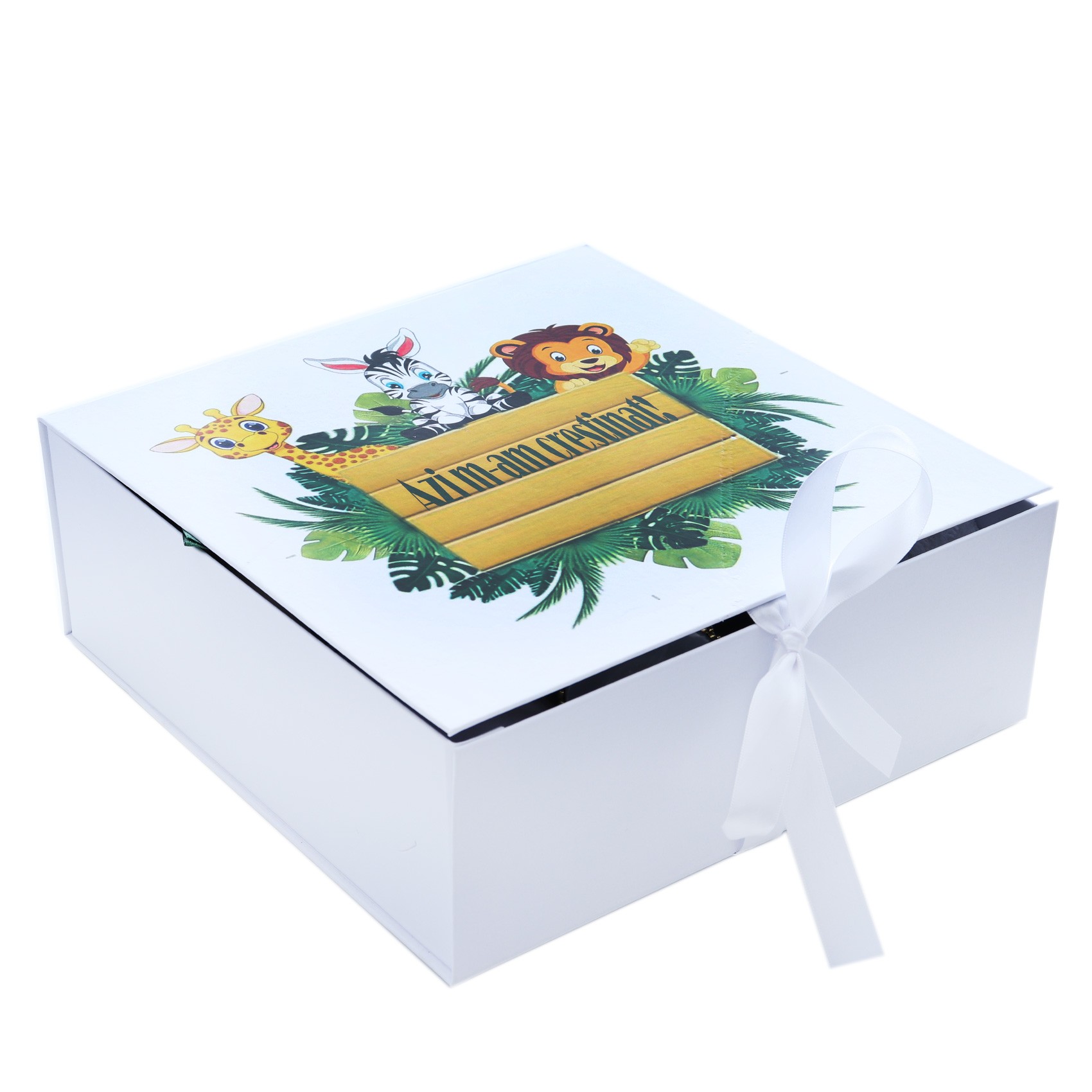 Set cutie trusou cu lumanare, 9 piese, Safari "Azi m-am crestinat!", verde inchis, Recostore®, REC2414