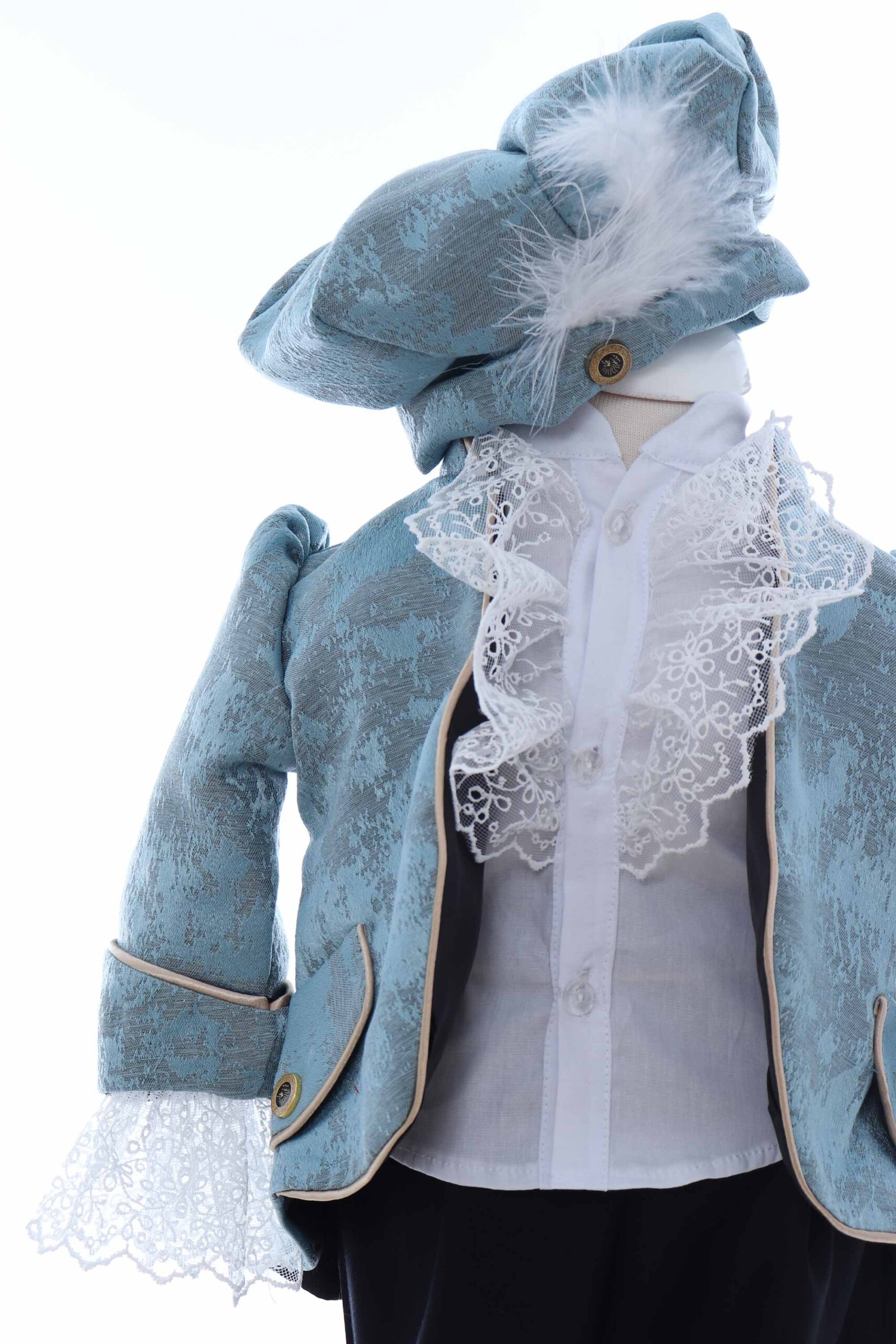 Costum elegant Micul print din Brocart de culoare bleu deschis, 5 piese, sacou, pantaloni, camasa, bascuta si botosei, Recostore®, REC2424 - imagine 2