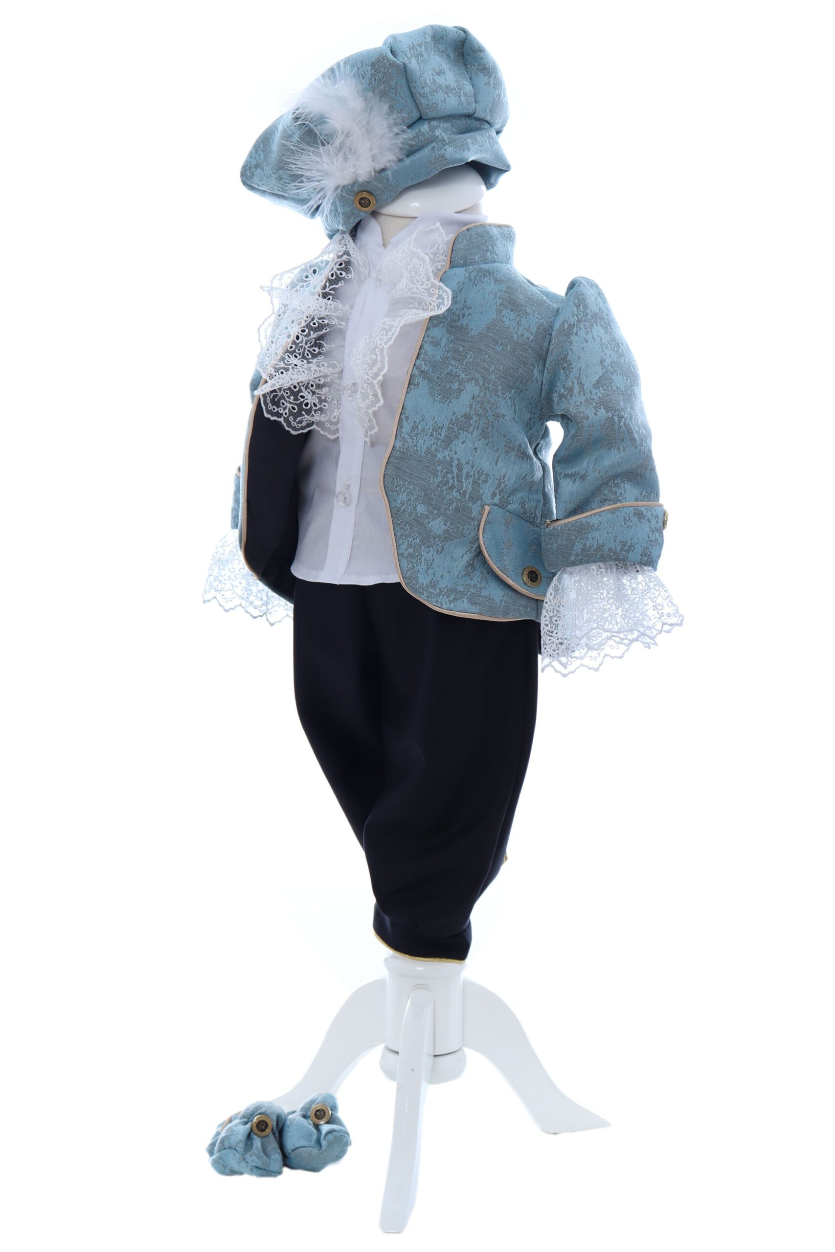 Costum elegant Micul print din Brocart de culoare bleu deschis, 5 piese, sacou, pantaloni, camasa, bascuta si botosei, Recostore®, REC2424 - imagine 3