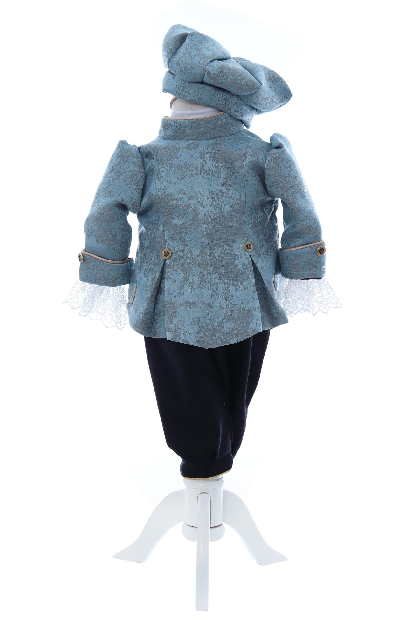 Costum elegant Micul print din Brocart de culoare bleu deschis, 5 piese, sacou, pantaloni, camasa, bascuta si botosei, Recostore®, REC2424 - imagine 4