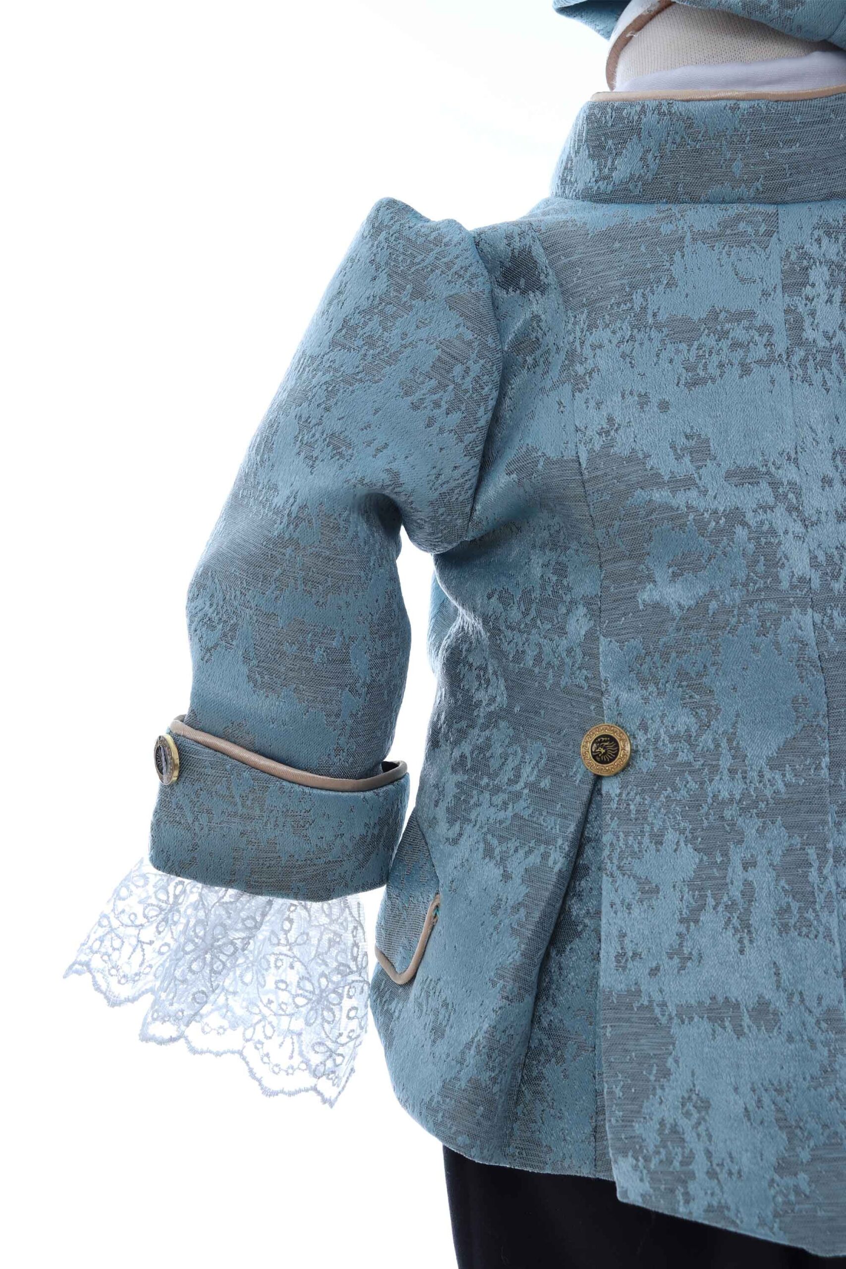 Costum elegant Micul print din Brocart de culoare bleu deschis, 5 piese, sacou, pantaloni, camasa, bascuta si botosei, Recostore®, REC2424 - imagine 5