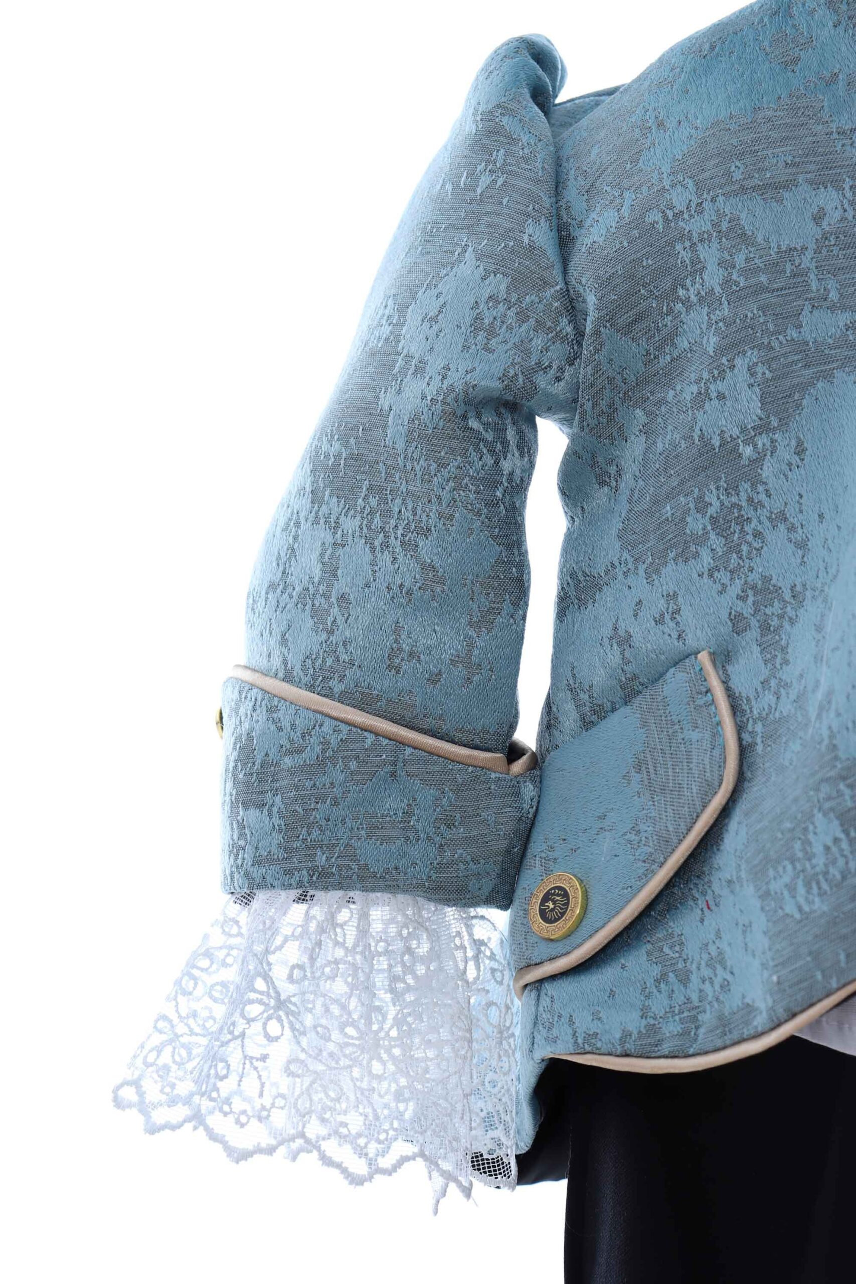 Costum elegant Micul print din Brocart de culoare bleu deschis, 5 piese, sacou, pantaloni, camasa, bascuta si botosei, Recostore®, REC2424 - imagine 6
