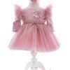 Rochita cu pantofiori si bentita roz pudrat deschis pentru botez de fetite, 3 piese, Recostore®, REC2442