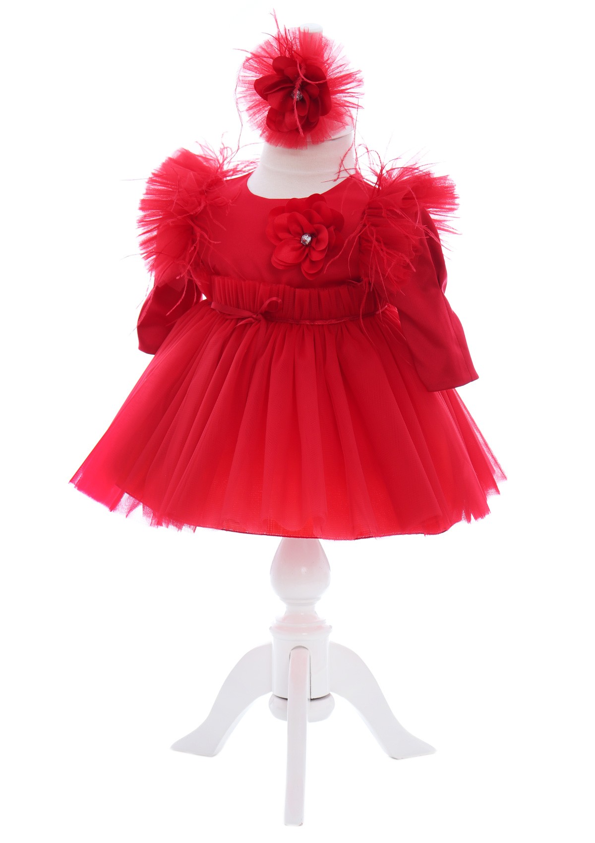 Rochita cu pantofiori si bentita de culoare rosie pentru botez de fetite, 3 piese, Recostore®, REC2443