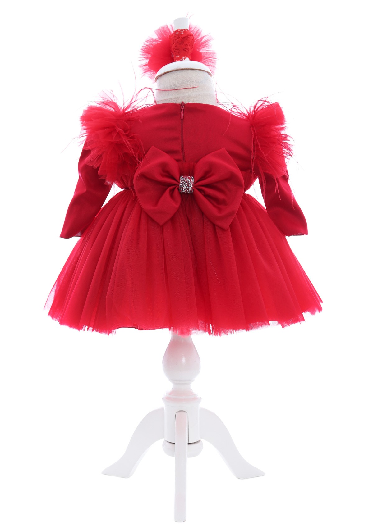 Rochita cu pantofiori si bentita de culoare rosie pentru botez de fetite, 3 piese, Recostore®, REC2443
