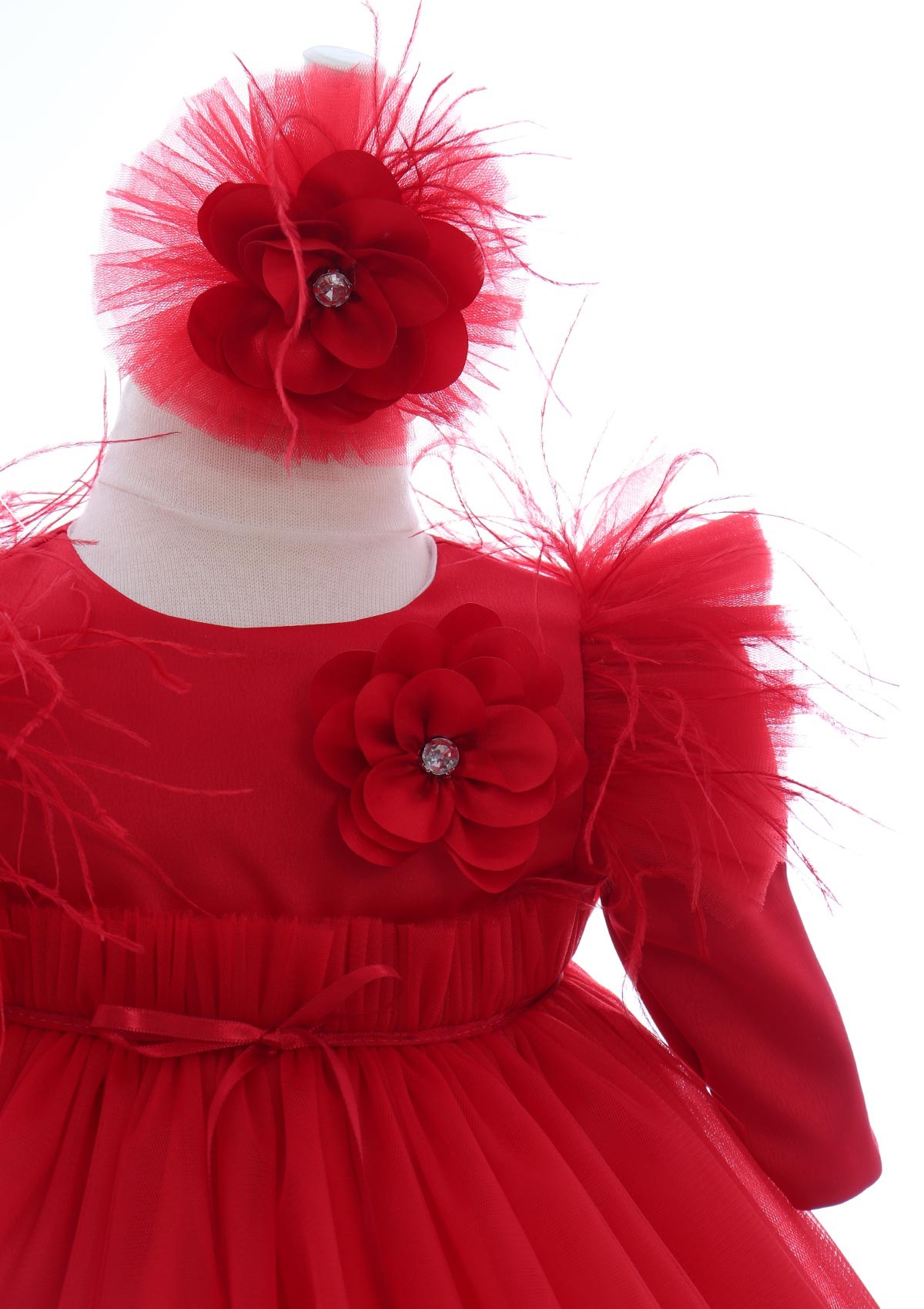 Rochita cu pantofiori si bentita de culoare rosie pentru botez de fetite, 3 piese, Recostore®, REC2443