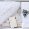 Set trusou complet pentru botez de baieti, tematica Print, 13 piese,  costum catifea, lumanare, trusou, bleu, REC2456