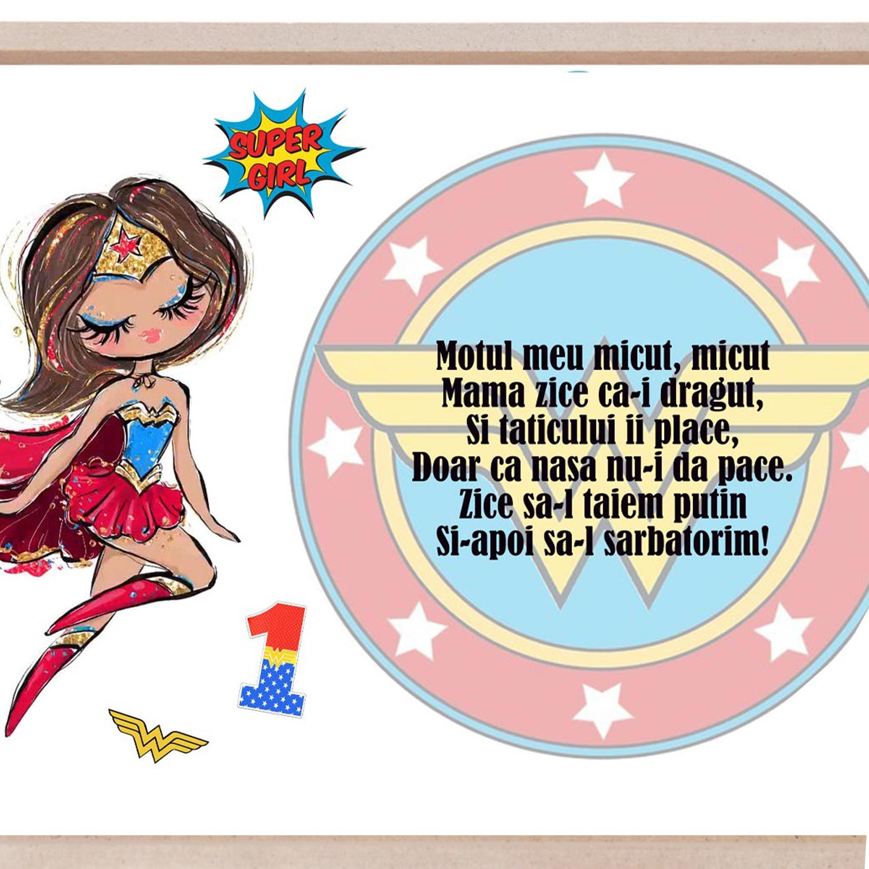 Set tava pentru taiere mot/turta la fete, model Wonder Woman, rosu, 6 piese, 35x20 cm, Recostore®, REC1967/191