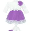 Set trusou complet pentru botez de fete, Printesa Sofia, 11 piese, rochita lila cu bolero, lumanare, Recostore®, REC2486