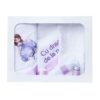Set trusou complet pentru botez de fete, Printesa Sofia, 11 piese, rochita lila cu bolero, lumanare, Recostore®, REC2486