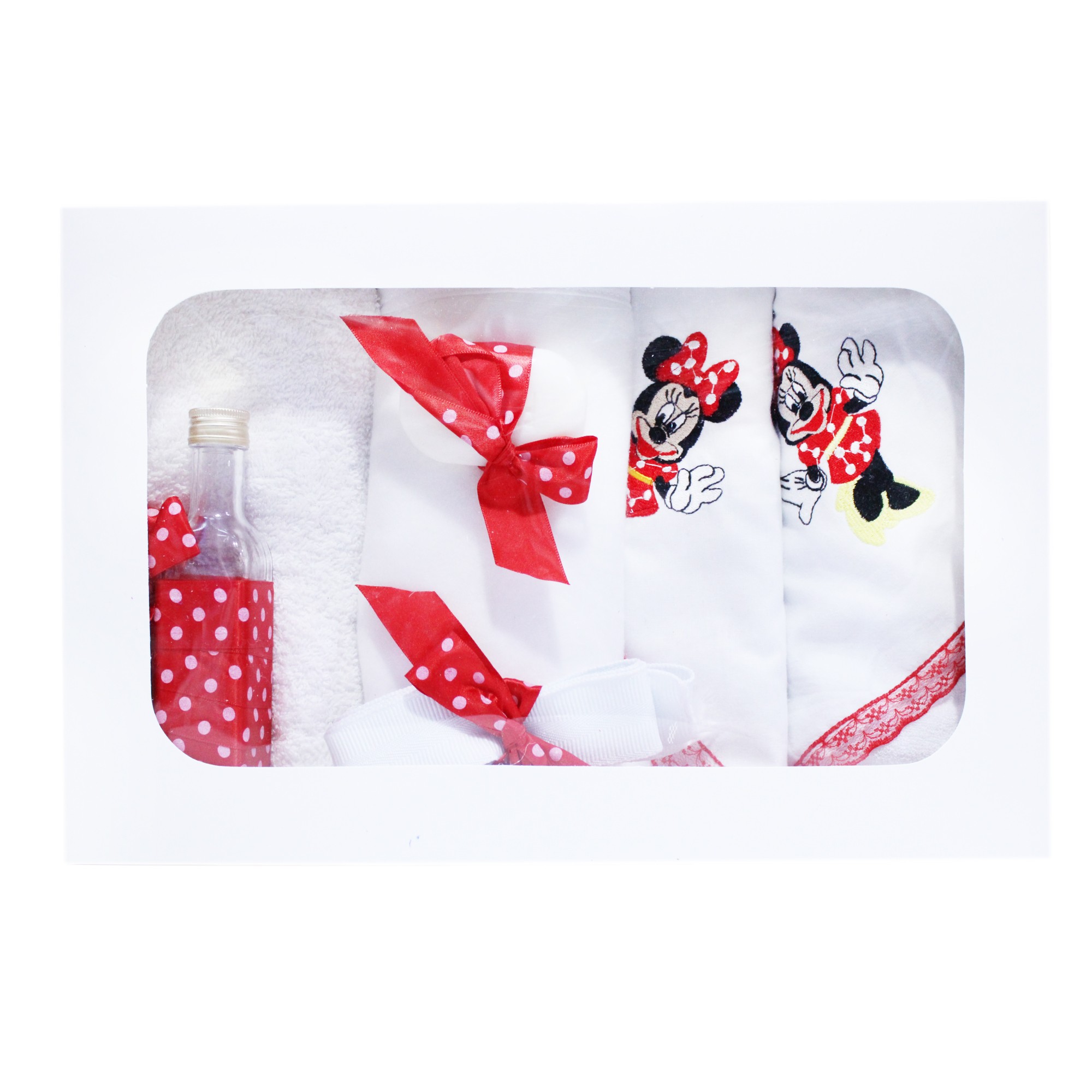 Set trusou complet pentru botez de fete, rosu, model Minnie Mouse, 12 piese, Recostore®, REC2502