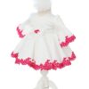Rochita alba cu maneci tip clopot si dantela ciclame pentru botez de fete, 2 piese, Recostore®, REC2523
