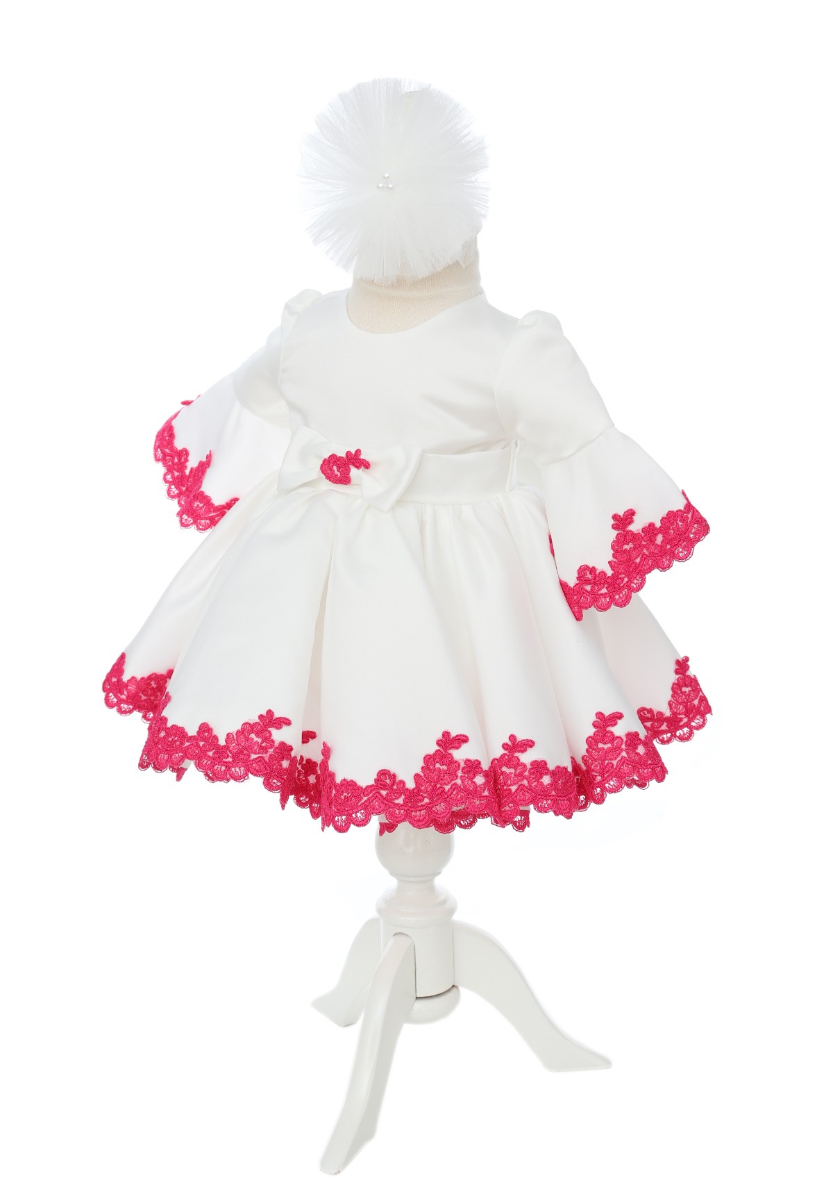 Rochita alba cu maneci tip clopot si dantela ciclame pentru botez de fete, 2 piese, Recostore®, REC2523