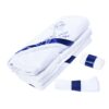 Set complet pentru botez, lumanare si trusou, alb-bleumarin, cu mesaj „Cu mult drag de la nasi” pentru botez, 7 piese, REC347