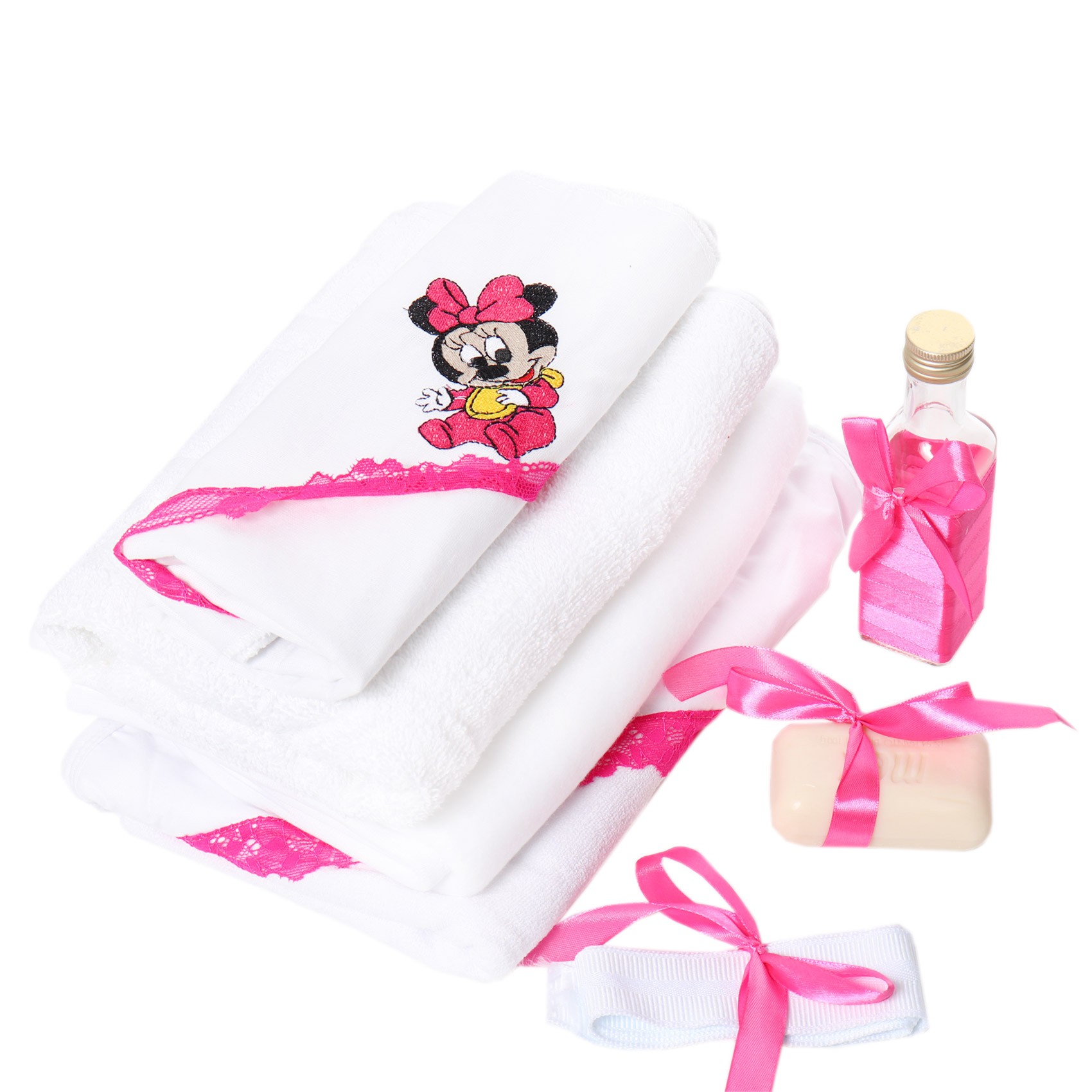 Set trusou complet pentru botez de fete, Alb-ciclam, model Minnie Mouse, REC2566