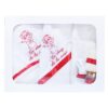 Set complet pentru botez, lumanare si trusou, alb-rosu, cu mesaj „Cu mult drag de la nasi” pentru botez, 7 piese, REC344