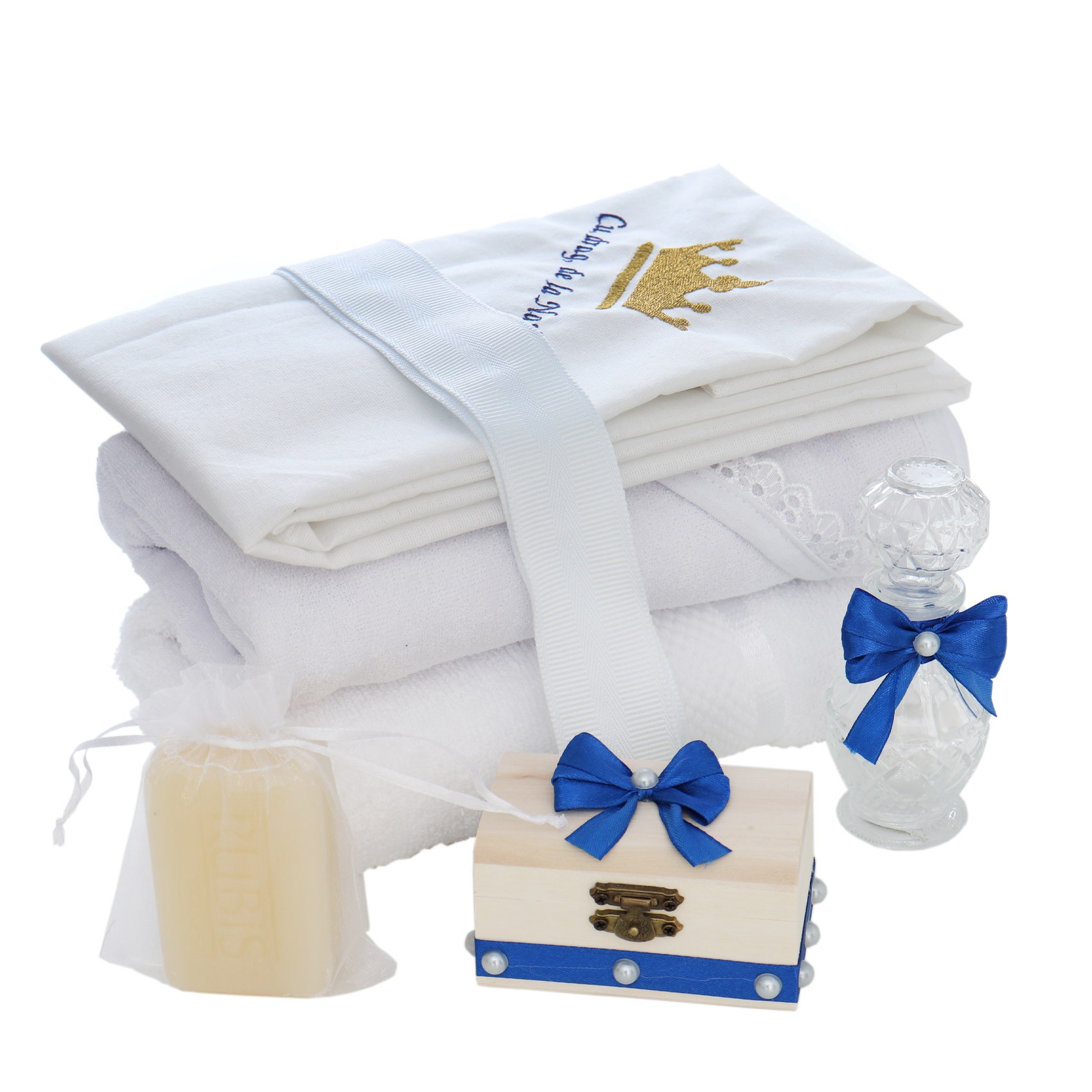 Trusou tip landou pentru botez de baieti, Model brodat cu Coroana, albastru electric, 8 piese, Recostore®, REC5005/6