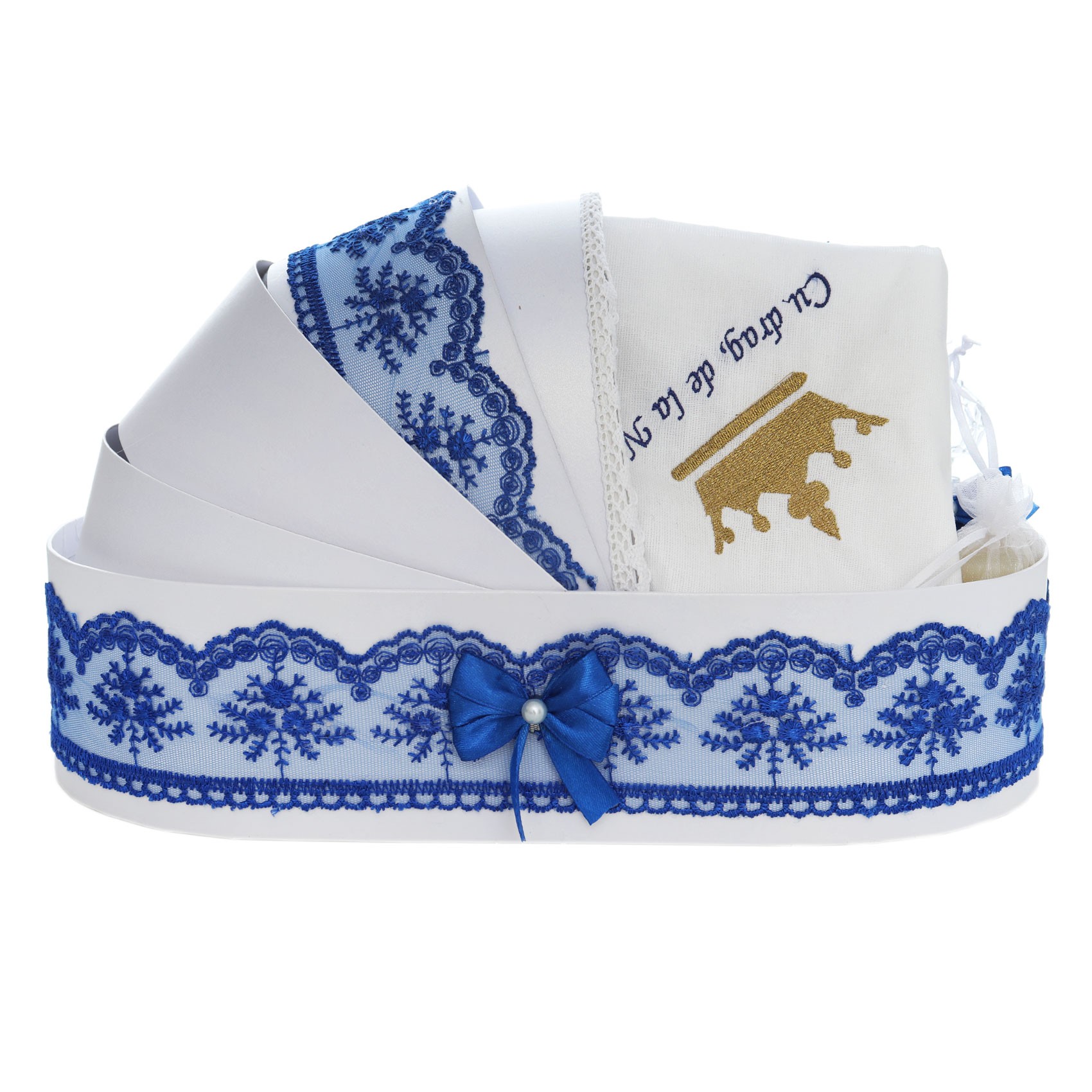 Trusou tip landou pentru botez de baieti, Model brodat cu Coroana, albastru electric, 8 piese, Recostore®, REC5005/6