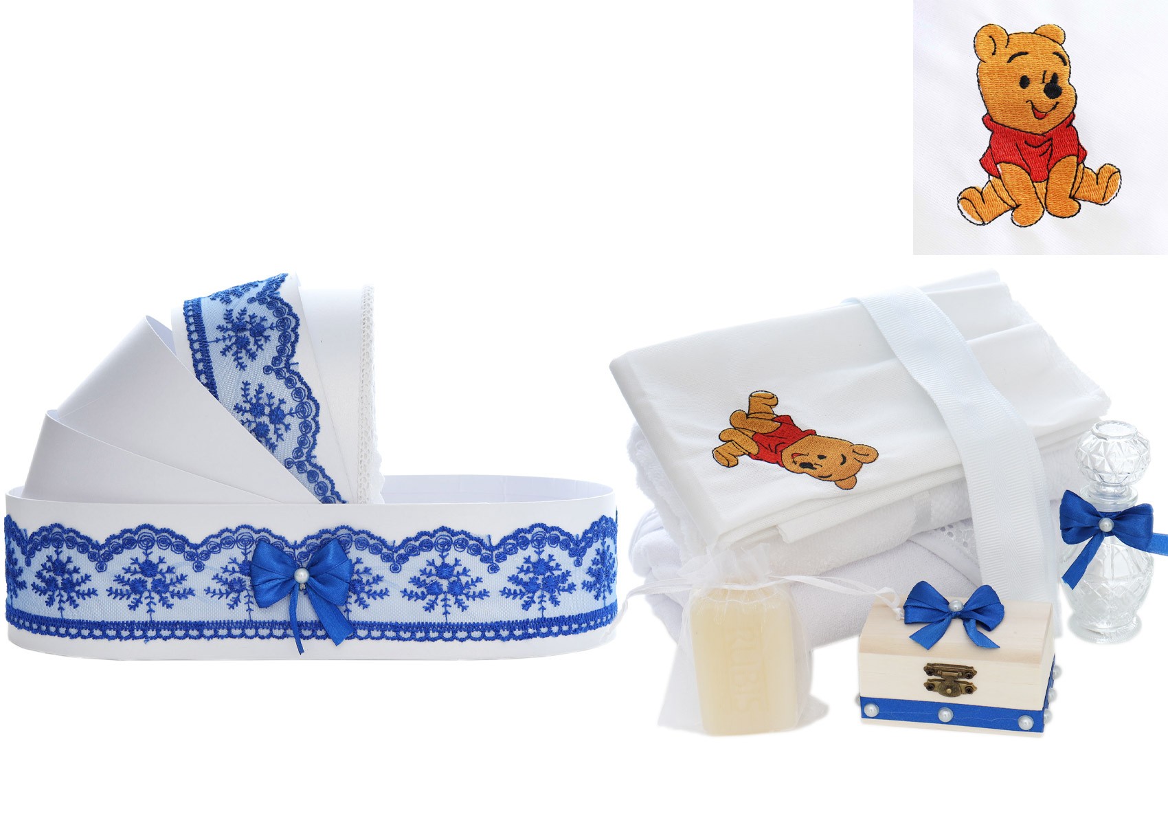 Trusou tip landou pentru botez de baieti, Model brodat cu Winnie The Pooh, albastru electric, 8 piese, Recostore®, REC5005/9