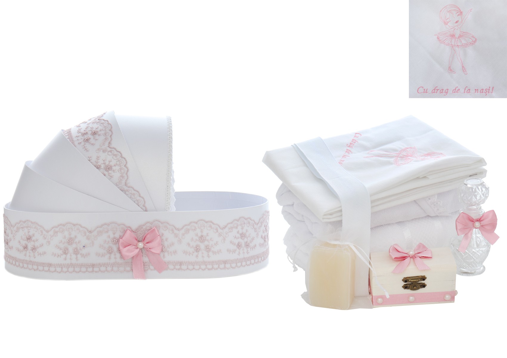 Trusou tip landou pentru botez de fete, Model brodat cu Balerina, roz pudrat, 8 piese, Recostore®, REC5005/13