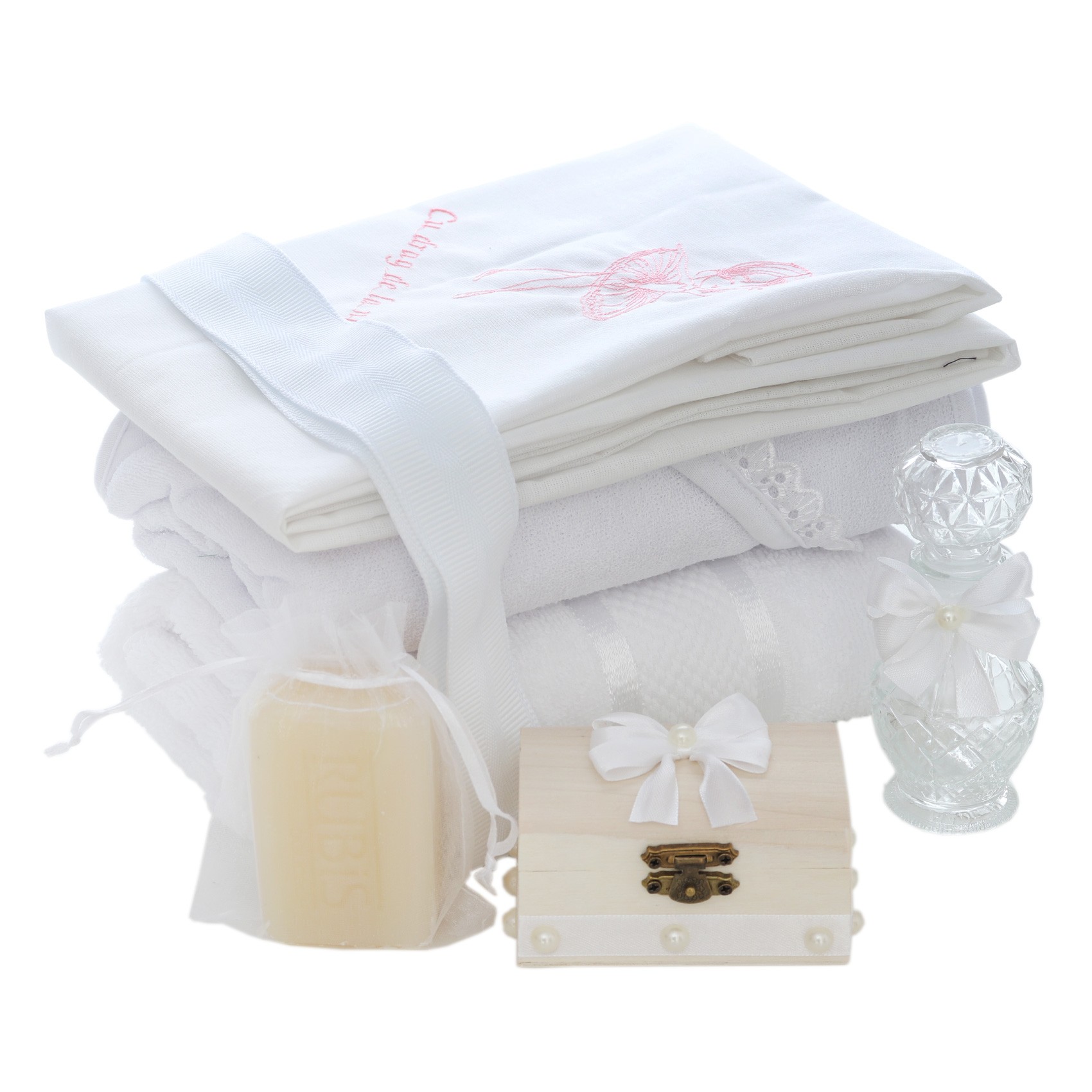 Trusou tip landou pentru botez de fete, Model brodat cu Balerina, alb, 8 piese, Recostore®, REC5005/14