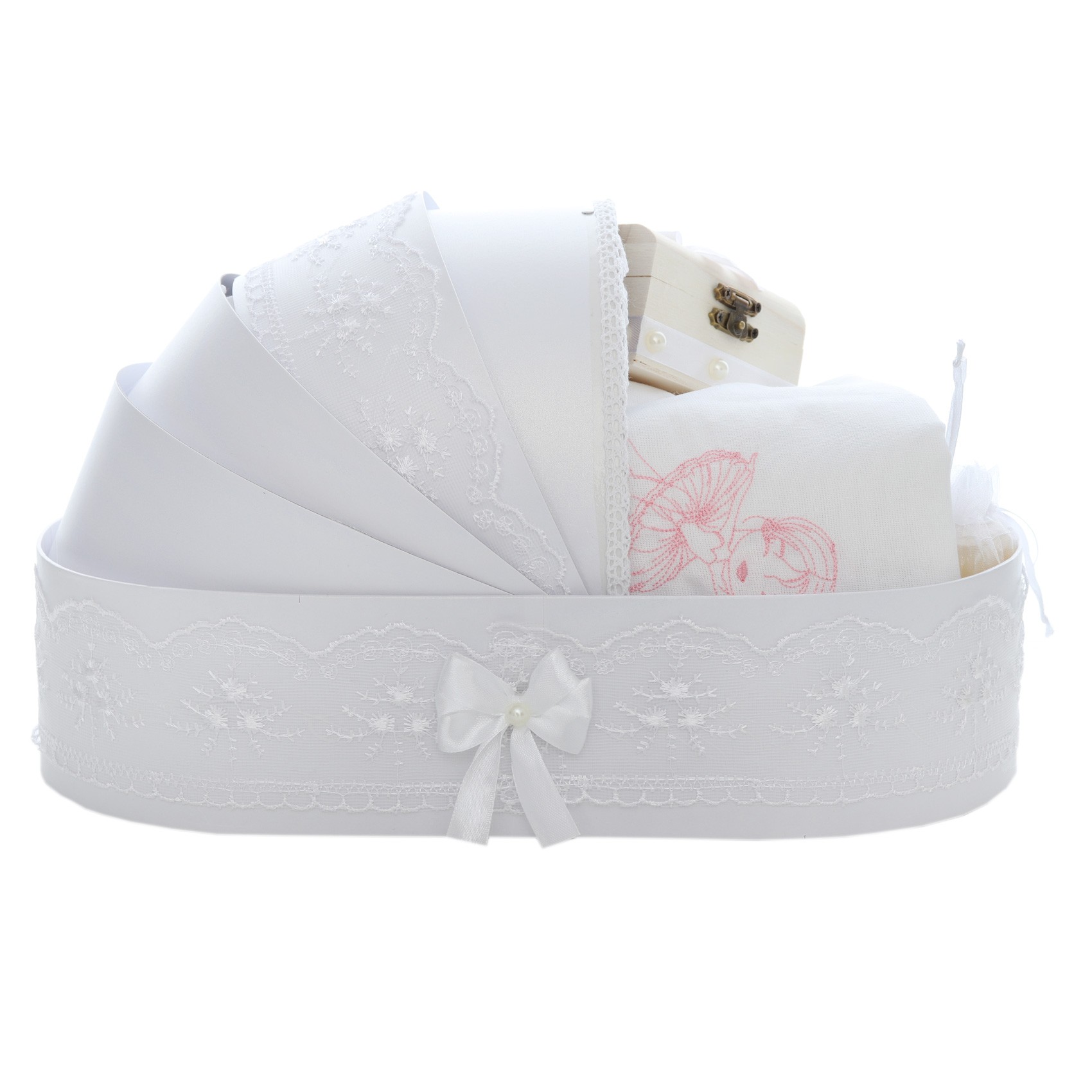 Trusou tip landou pentru botez de fete, Model brodat cu Balerina, alb, 8 piese, Recostore®, REC5005/14