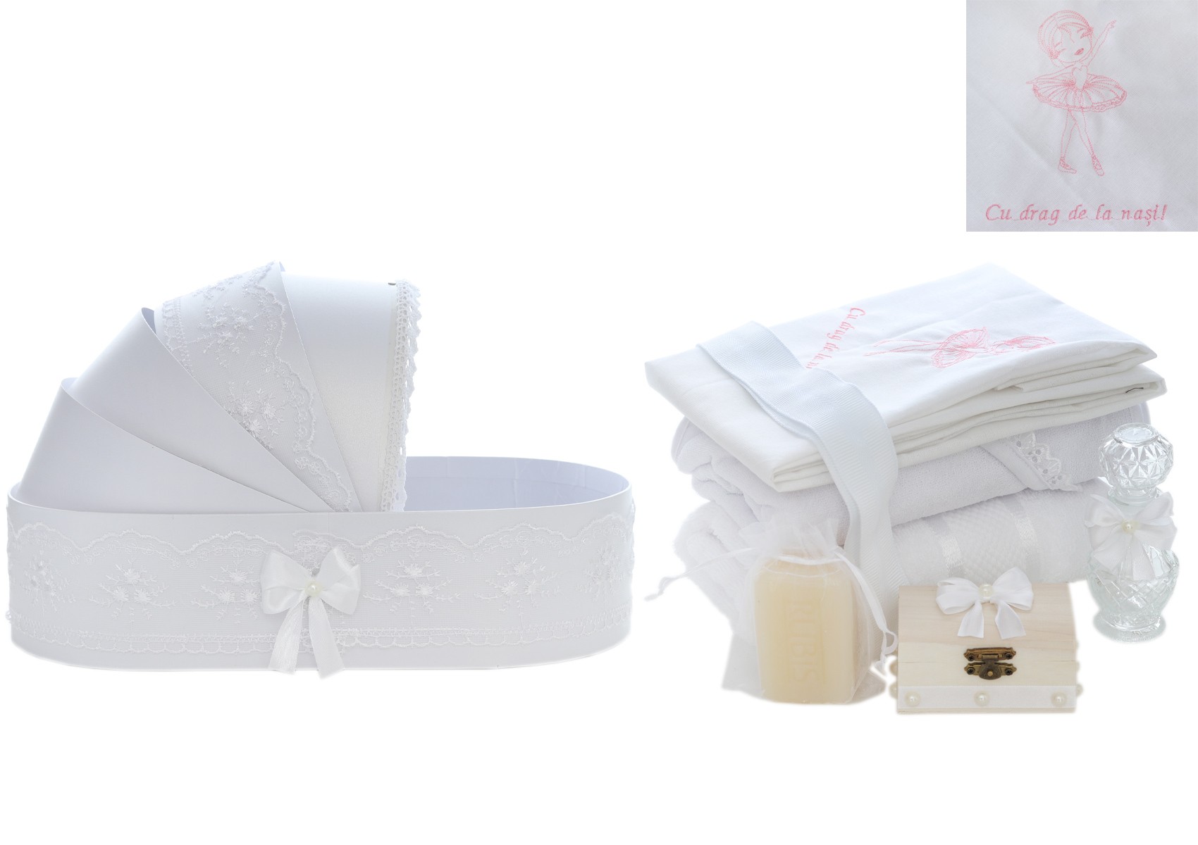 Trusou tip landou pentru botez de fete, Model brodat cu Balerina, alb, 8 piese, Recostore®, REC5005/14