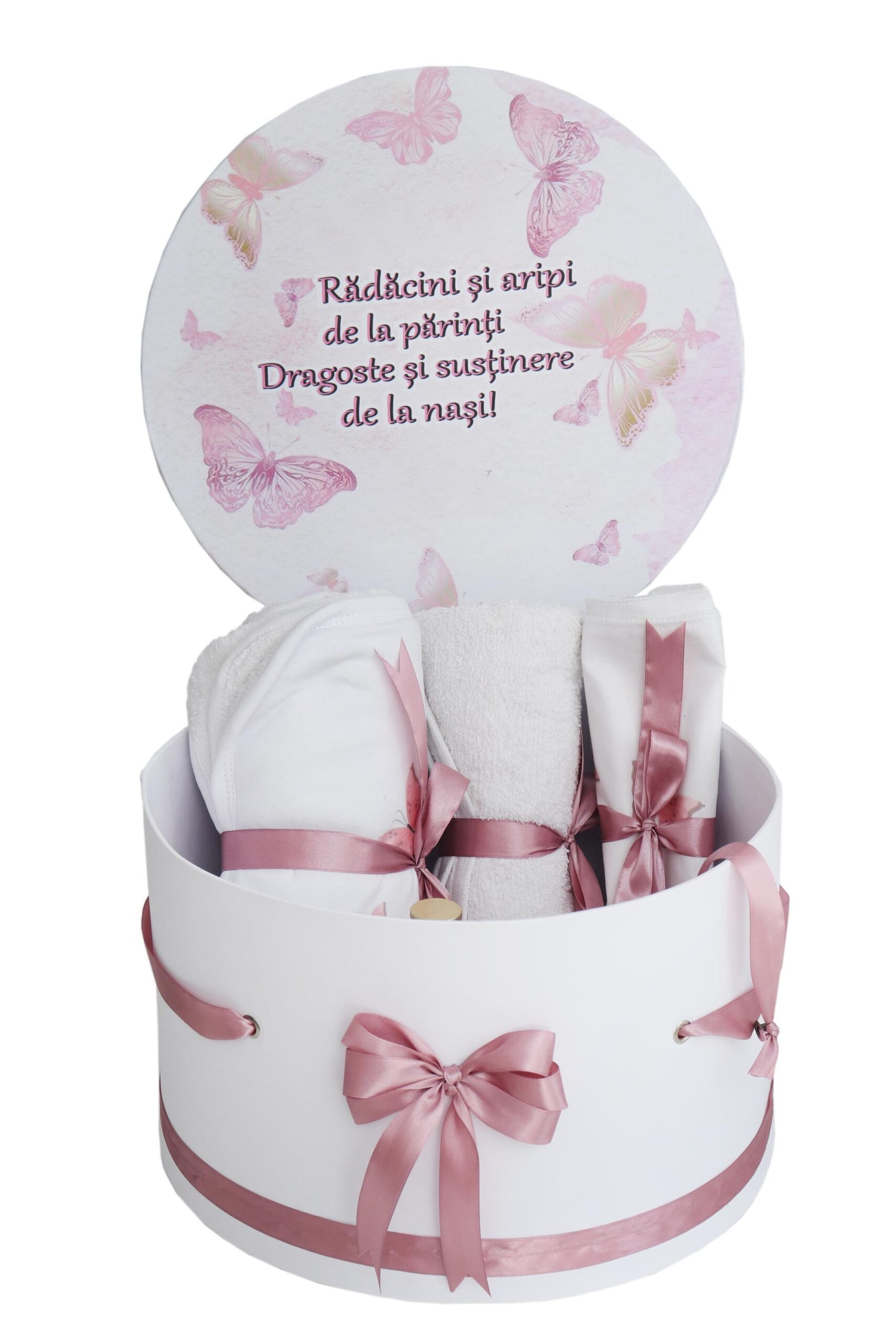 Trusou pentru botez de fete, Model cu fluturi, roz pudrat, 8 piese, Recostore®, REC2623