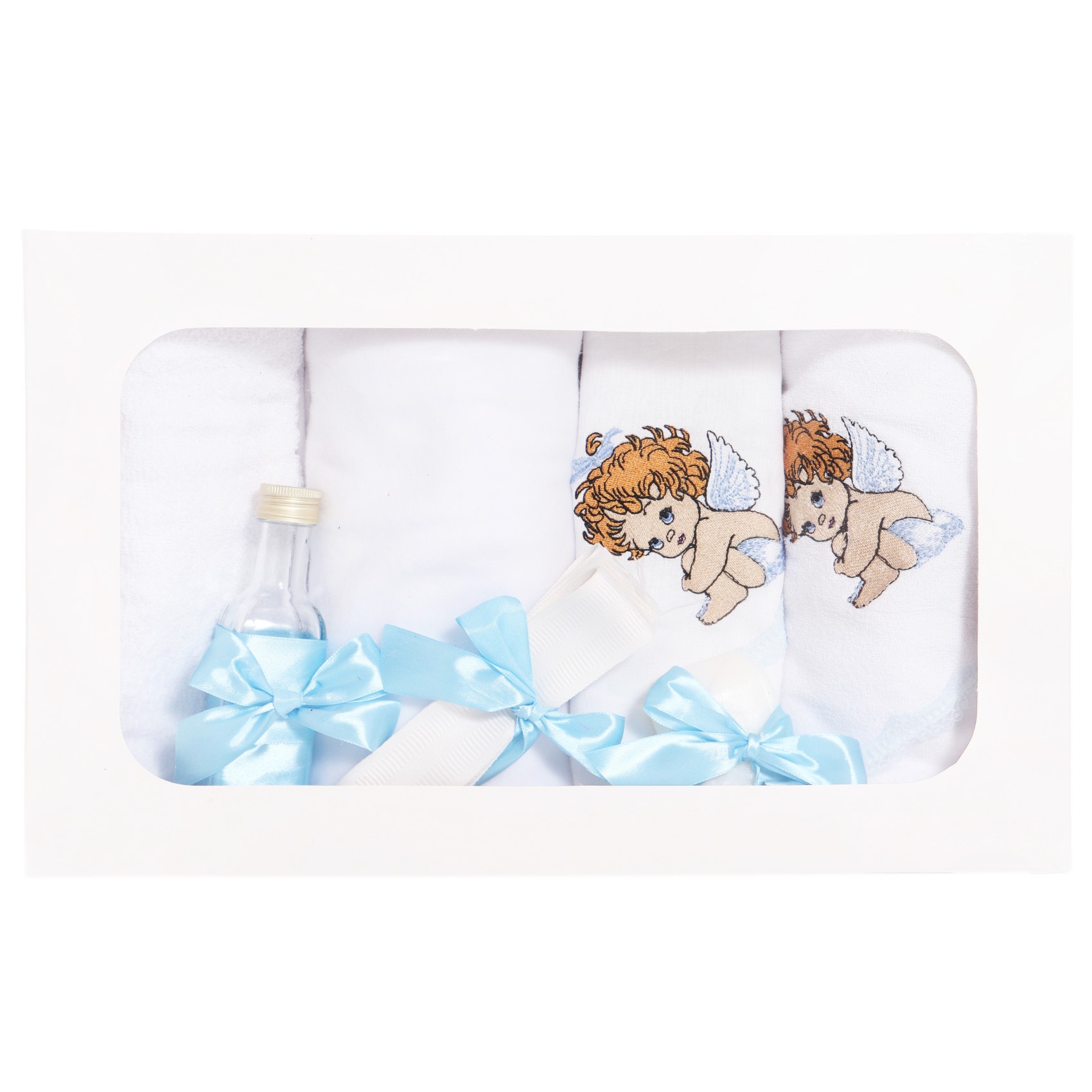 Trusou complet pentru botez de baieti, model brodat cu ingeras, trusou, lumanare "Radacini si Aripi de la parinti", costum si pantofiori, bleu, 14 piese, Recostore®, REC2640 - imagine 10