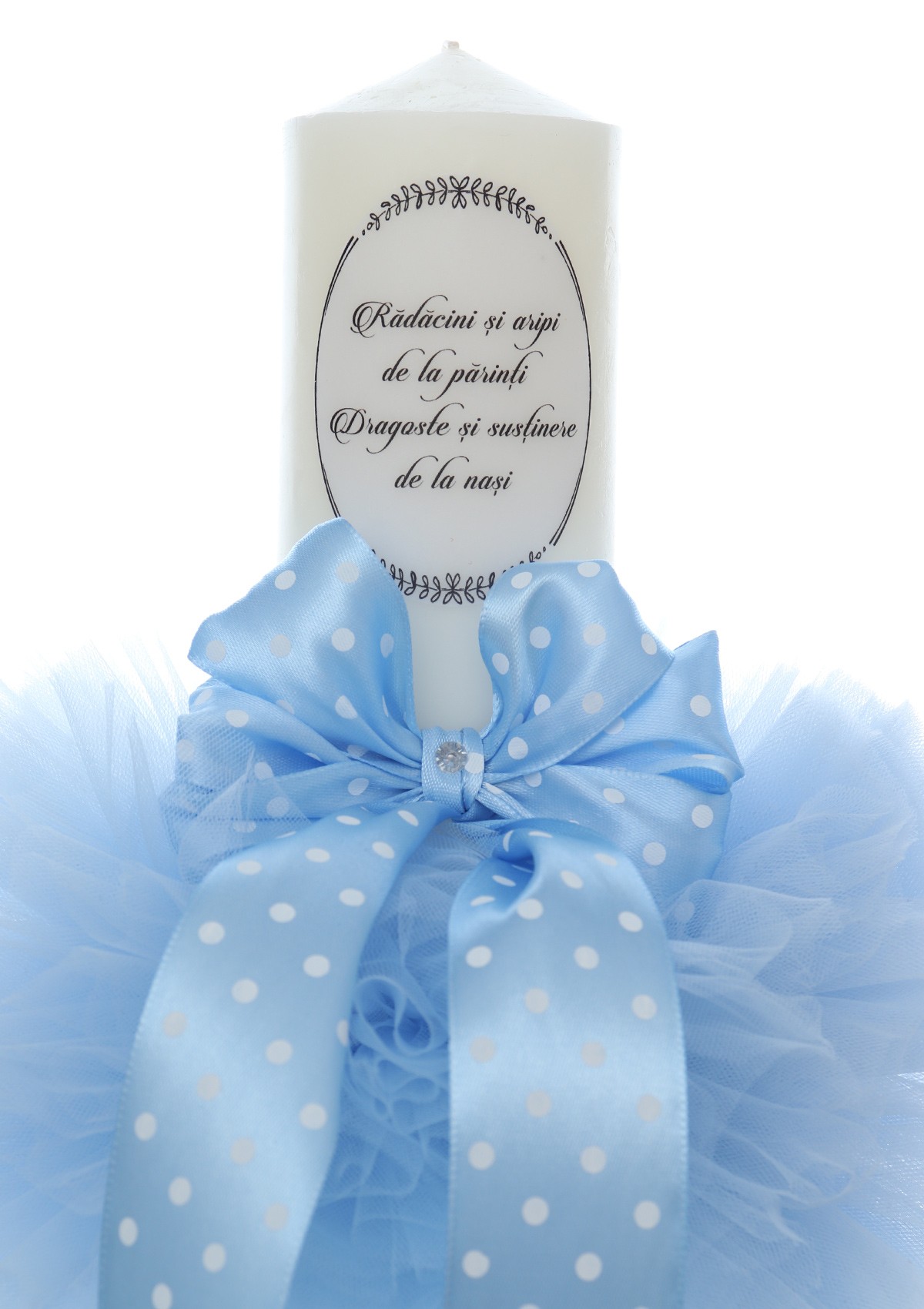Trusou complet pentru botez de baieti, model cu ingeras, trusou imprimat, lumanare cu "Radacini si aripi de la parinti", costum si pantofiori, bleu, 13 piese, Recostore®, REC2646 - imagine 8