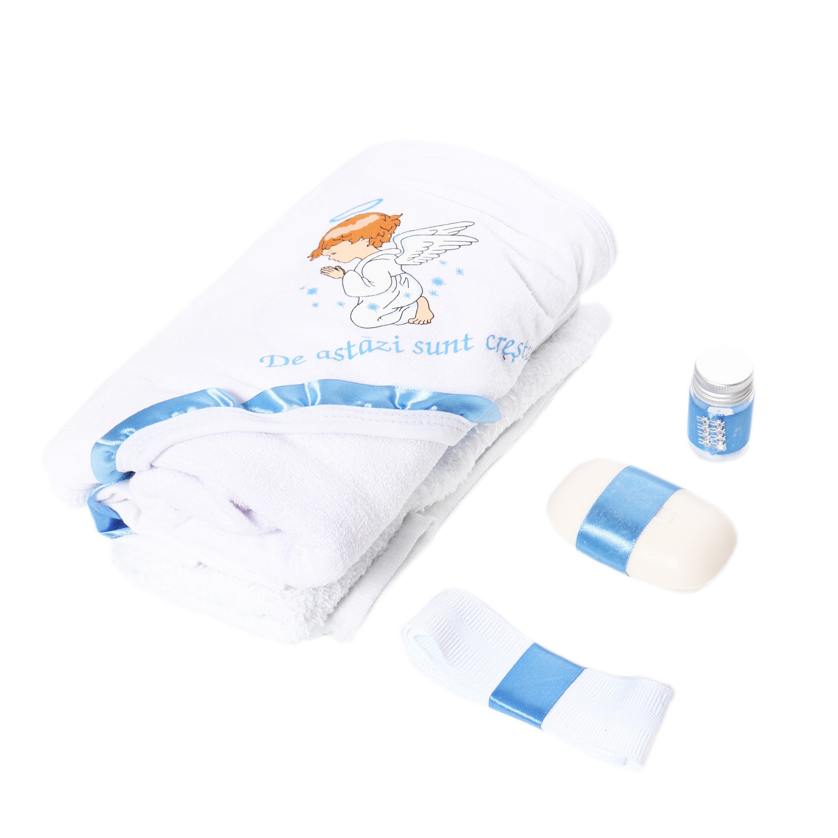 Trusou complet pentru botez de baieti, model cu ingeras, trusou imprimat, lumanare cu "Radacini si aripi de la parinti", costum si pantofiori, bleu, 13 piese, Recostore®, REC2646 - imagine 11
