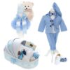 Trusou complet pentru botez de baieti, trusou brodat cu Ursulet, lumanare cu ursulet, costum si pantofiori, bleu, 15 piese, Recostore®, REC2649