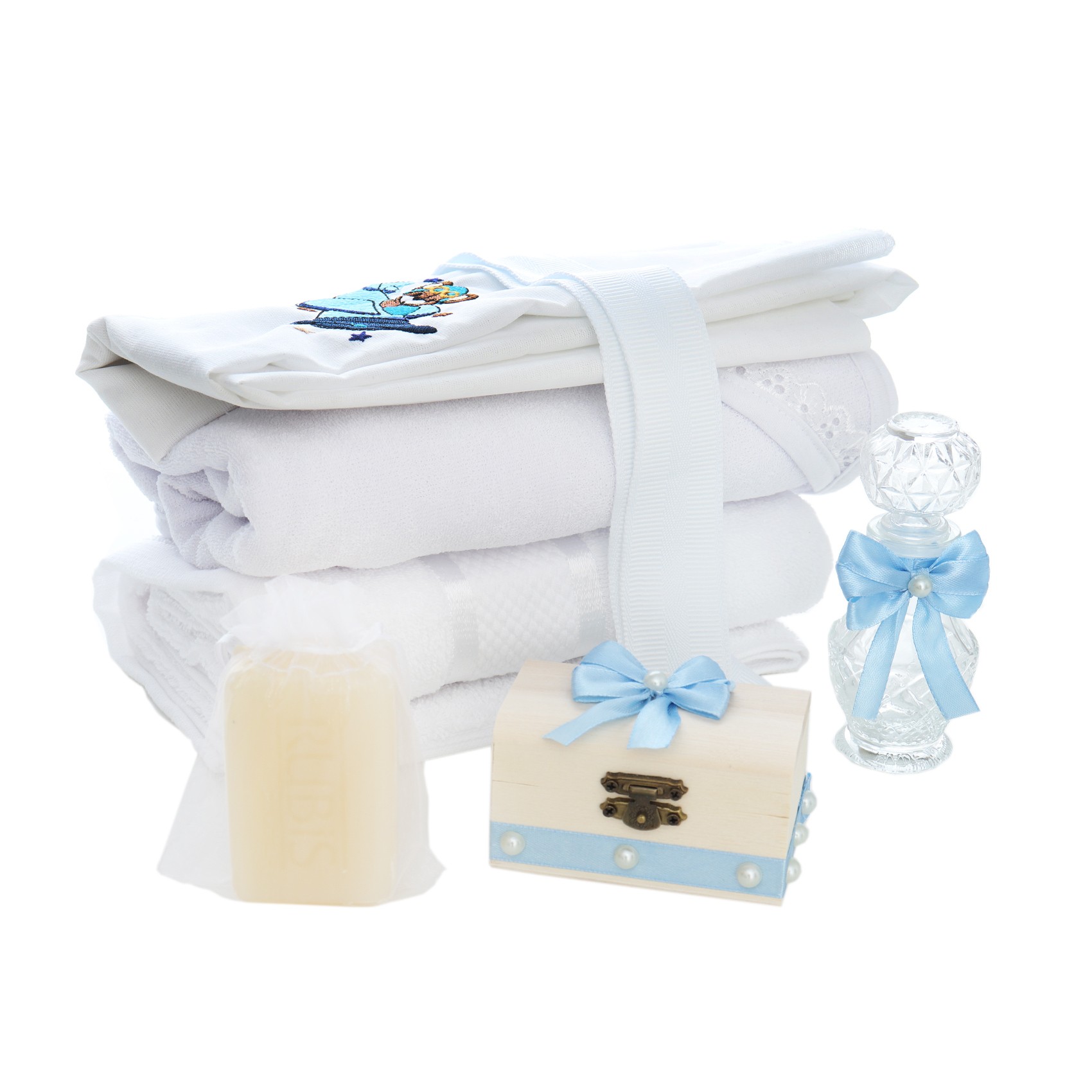 Trusou complet pentru botez de baieti, trusou brodat cu Ursulet, lumanare cu ursulet, costum si pantofiori, bleu, 15 piese, Recostore®, REC2649 - imagine 7
