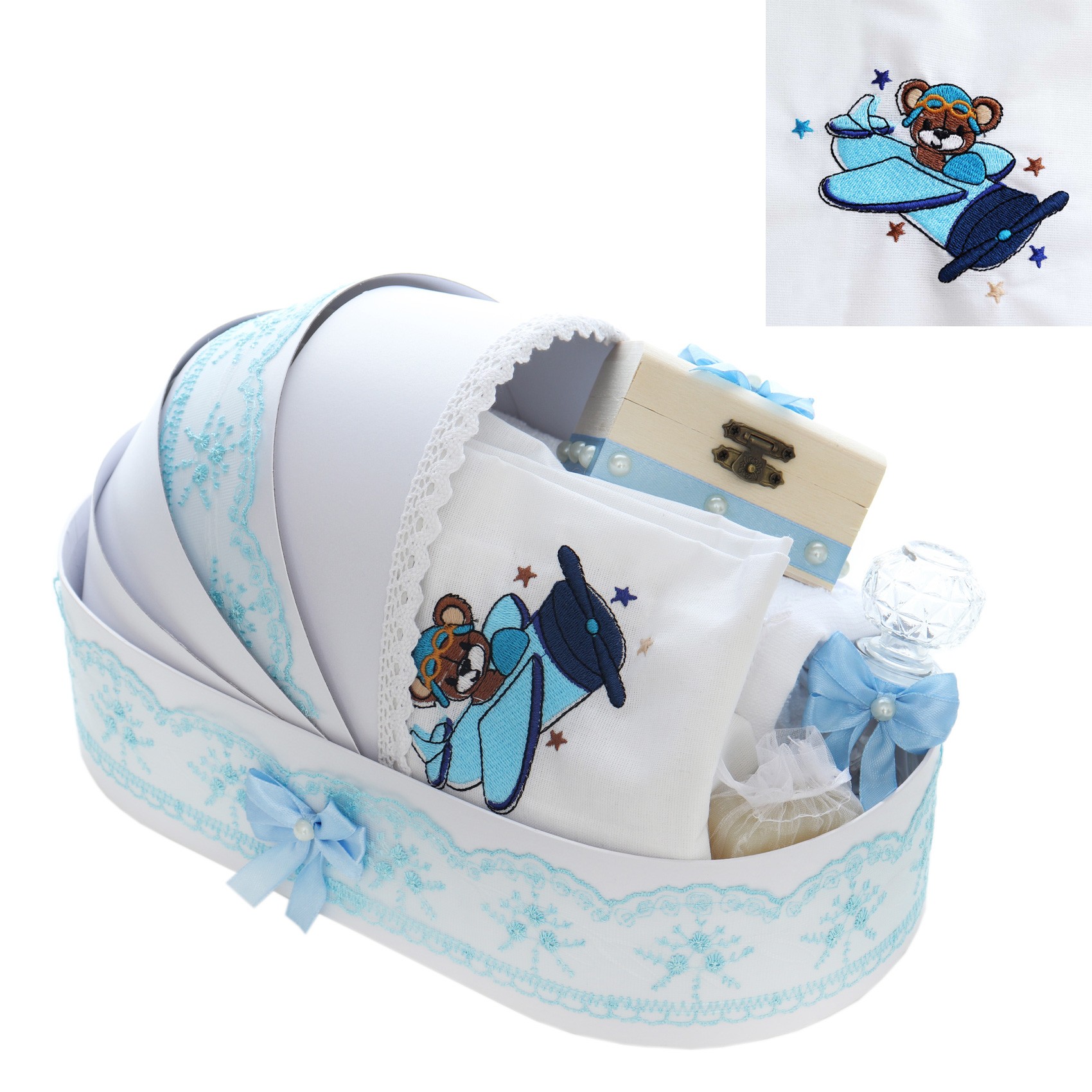 Trusou complet pentru botez de baieti, trusou brodat cu Ursulet, lumanare cu ursulet, costum si pantofiori, bleu, 15 piese, Recostore®, REC2649 - imagine 10