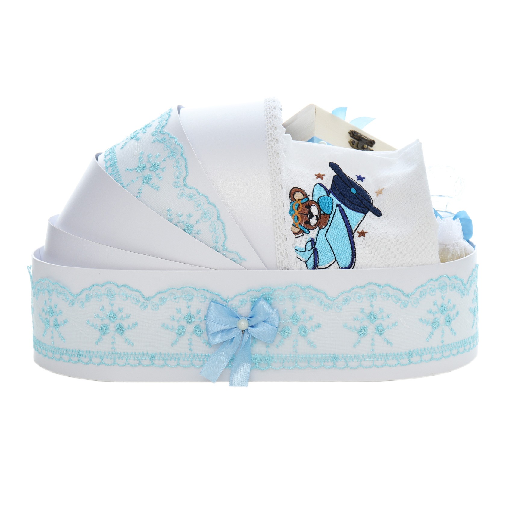 Trusou complet pentru botez de baieti, trusou brodat cu Ursulet, lumanare cu ursulet, costum si pantofiori, bleu, 15 piese, Recostore®, REC2649 - imagine 11