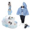Trusou complet pentru botez de baieti, trusou brodat Mickey Mouse, lumanare cu Mickey Mouse, costum si pantofiori, bleu, 15 piese,  Recostore®, REC2654