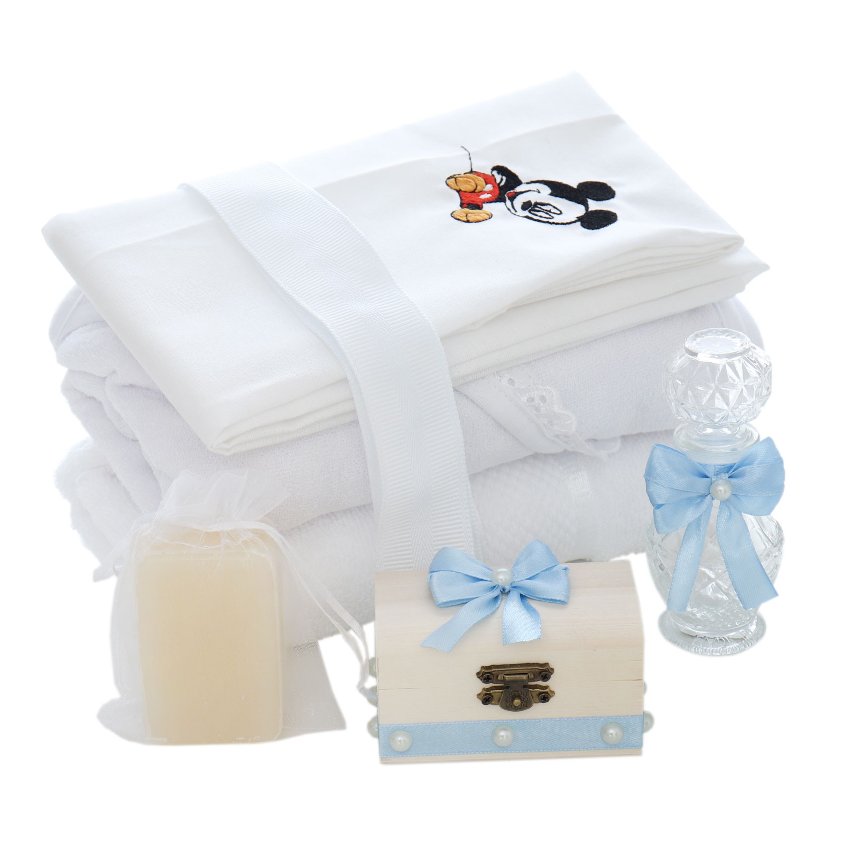 Trusou complet pentru botez de baieti, trusou brodat Mickey Mouse, lumanare cu Mickey Mouse, costum si pantofiori, bleu, 15 piese, Recostore®, REC2654 - imagine 11