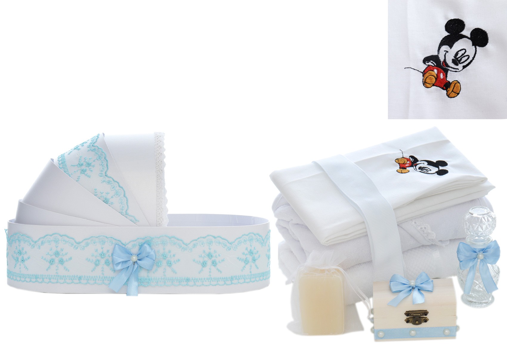 Trusou complet pentru botez de baieti, trusou brodat Mickey Mouse, lumanare cu Mickey Mouse, costum si pantofiori, bleu, 15 piese, Recostore®, REC2654 - imagine 12
