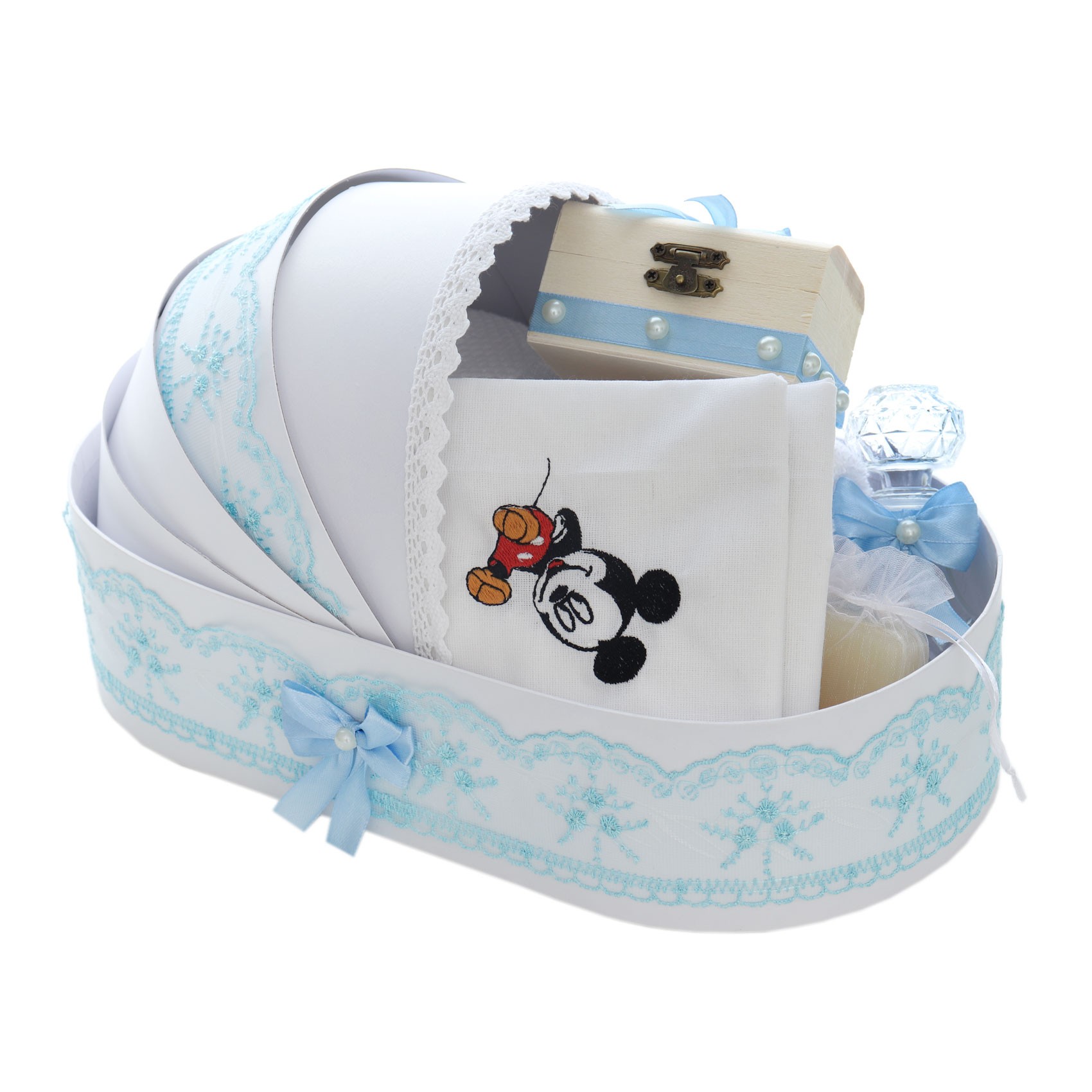 Trusou complet pentru botez de baieti, trusou brodat Mickey Mouse, lumanare cu Mickey Mouse, costum si pantofiori, bleu, 15 piese, Recostore®, REC2654 - imagine 13