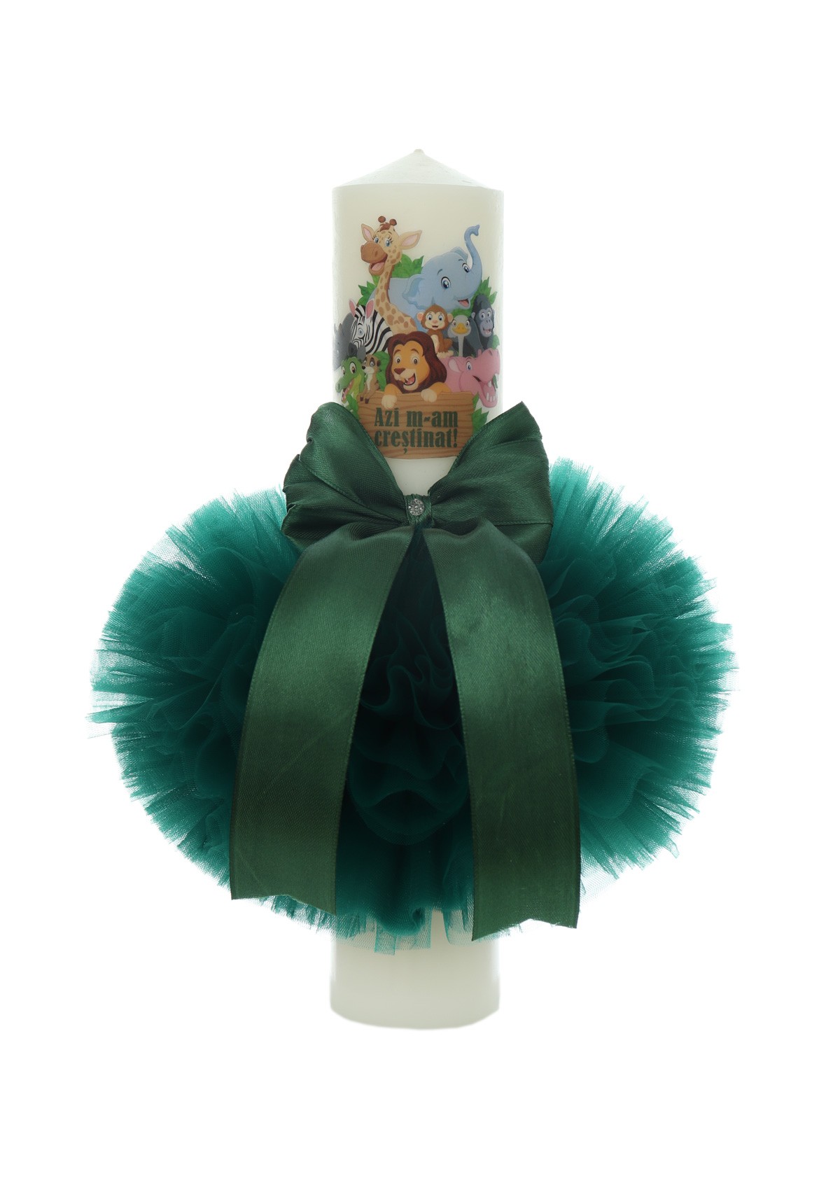 Trusou complet pentru botez de baieti, trusou brodat safari, lumanare cu Safari, costum si pantofiori, verde-crem, 14 piese, Recostore®, REC2657 - imagine 10
