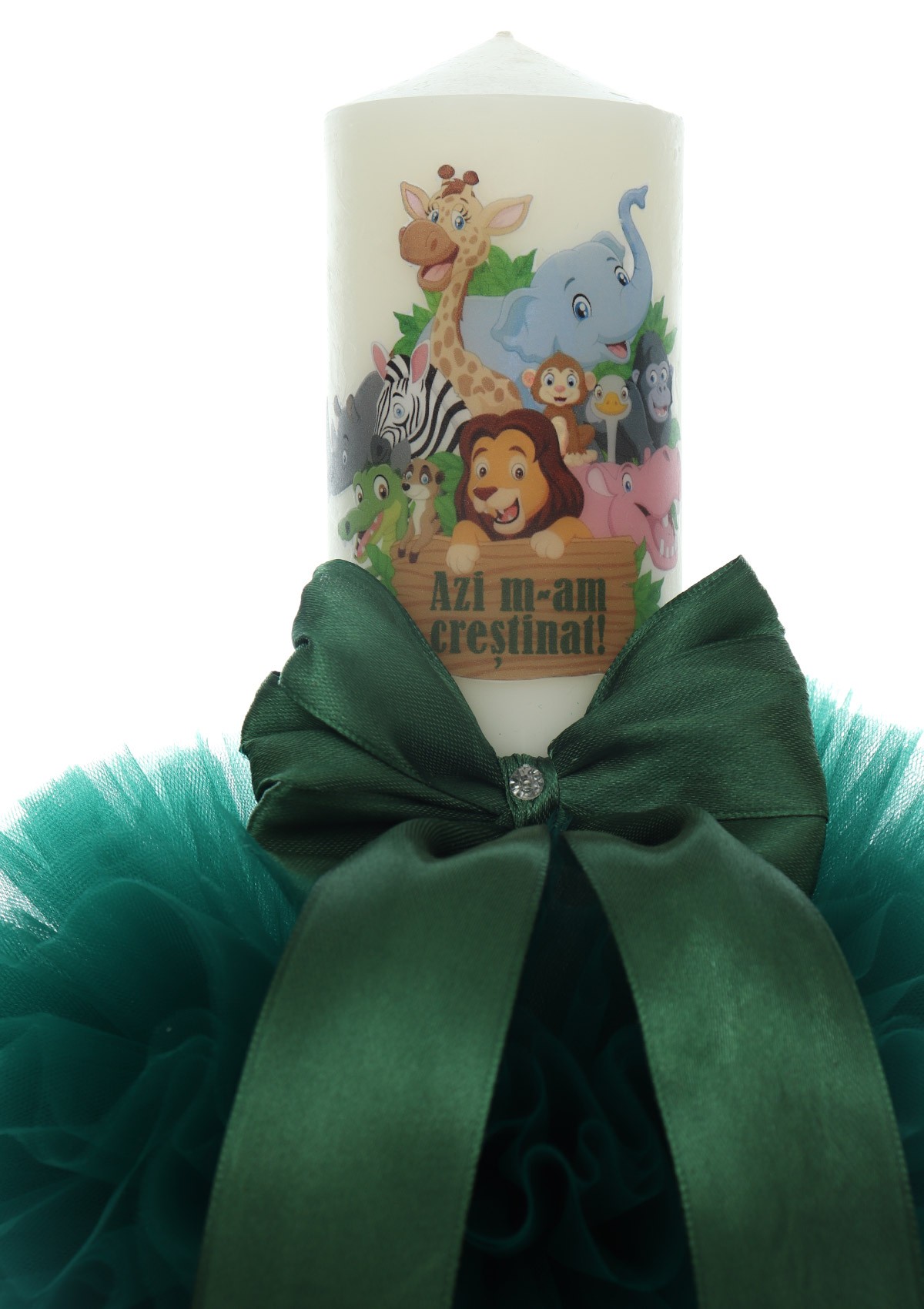 Trusou complet pentru botez de baieti, trusou brodat safari, lumanare cu Safari, costum si pantofiori, verde-crem, 14 piese, Recostore®, REC2657 - imagine 11