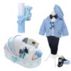 Trusou complet pentru botez de baieti, trusou brodat cu ursulet, lumanare cu ursulet de plus, costum si pantofiori, bleu, 15 piese,  Recostore®, REC2658