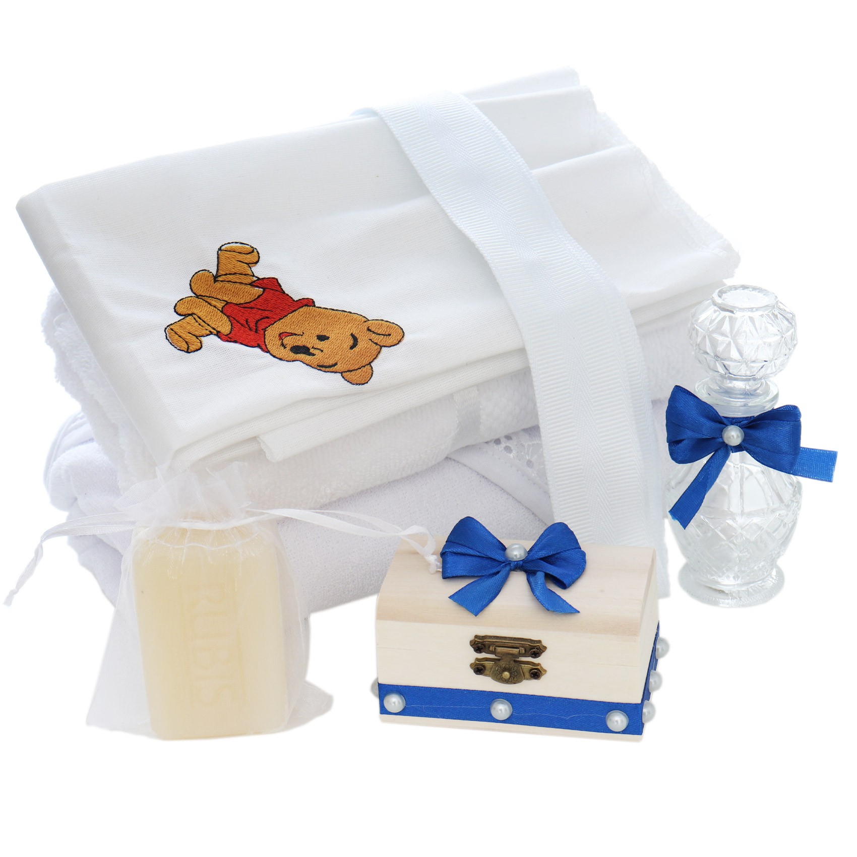 Trusou complet pentru botez de baieti, trusou brodat cu Winnie The Pooh, lumanare cu Winnie The Pooh, costum si pantofiori, albastru electric, 15 piese, Recostore®, REC2659 - imagine 8