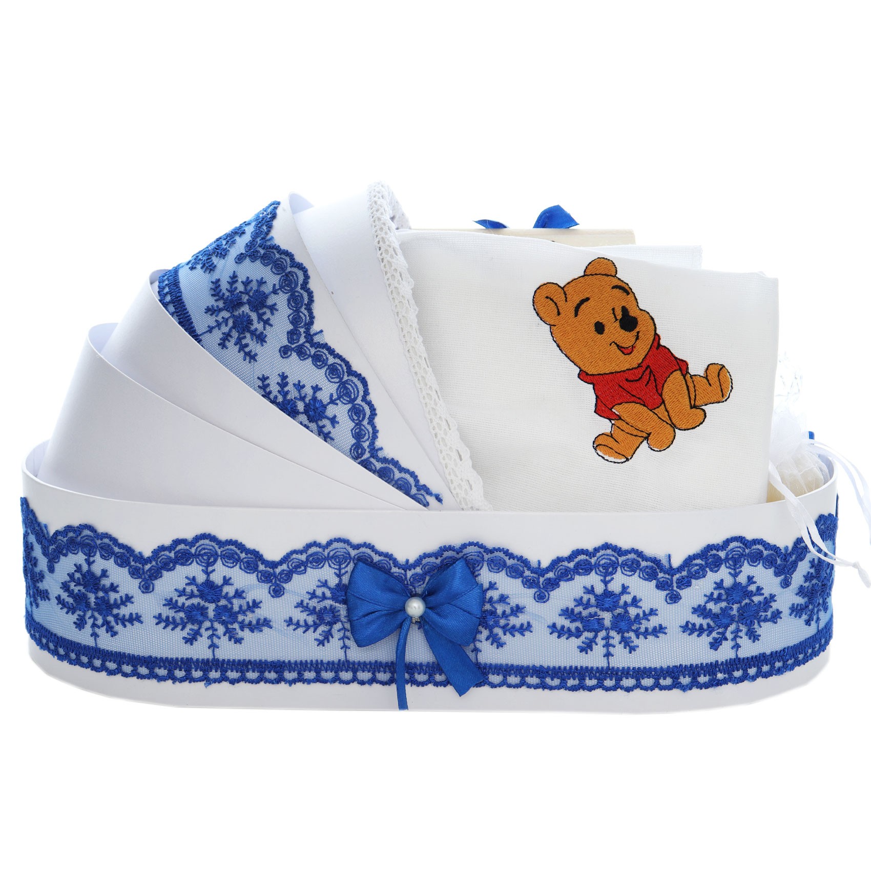 Trusou complet pentru botez de baieti, trusou brodat cu Winnie The Pooh, lumanare cu Winnie The Pooh, costum si pantofiori, albastru electric, 15 piese, Recostore®, REC2659 - imagine 12