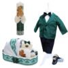 Trusou complet pentru botez de baieti, trusou brodat cu Simba, lumanare cu Simba, costum si pantofiori, verde, 15 piese,  Recostore®, REC2660
