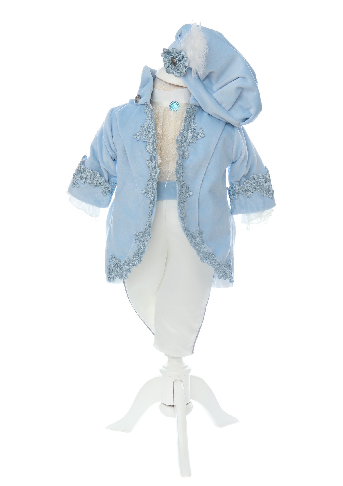 Trusou complet pentru botez de baieti, trusou brodat cu Coroana, lumanare cu Coroana, costum print si pantofiori, bleu, 14 piese, Recostore®, REC2661 - imagine 2