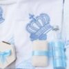 Trusou complet pentru botez de baieti, trusou brodat cu Coroana, lumanare cu Coroana, costum print si pantofiori, bleu, 14 piese, Recostore®, REC2661 - imagine 11