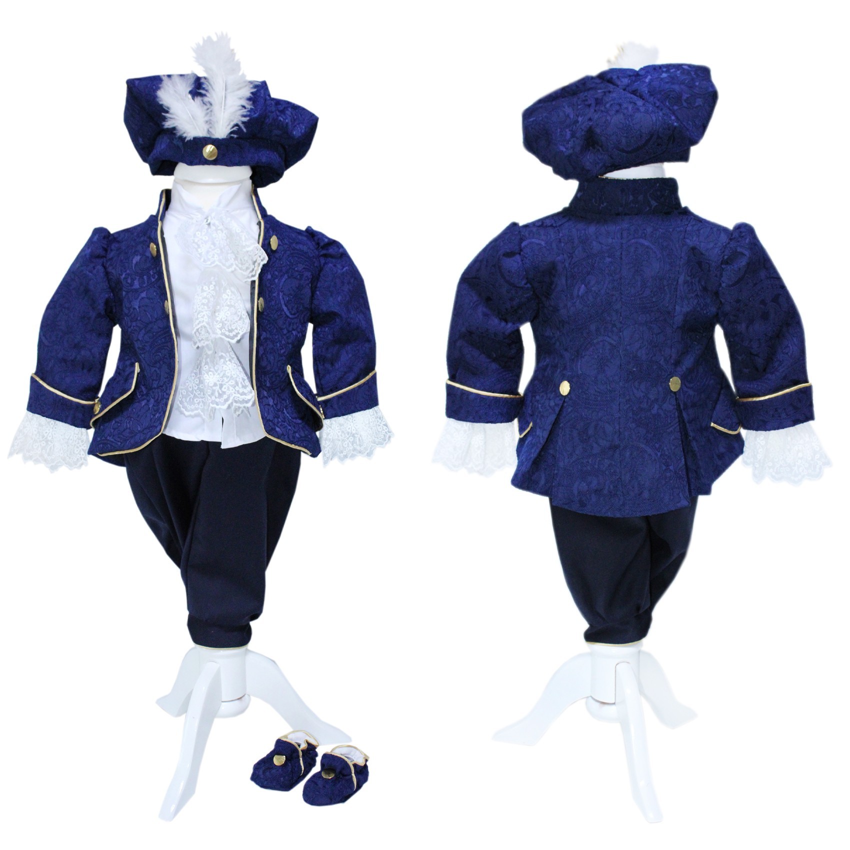 Trusou complet pentru botez de baieti, trusou brodat cu Coroana, lumanare cu print, costum print si pantofiori, bleumarin, 15 piese, Recostore®, REC2662 - imagine 5