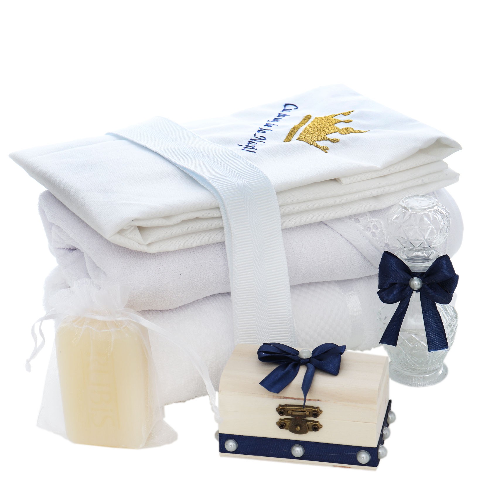 Trusou complet pentru botez de baieti, trusou brodat cu Coroana, lumanare cu print, costum print si pantofiori, bleumarin, 15 piese, Recostore®, REC2662 - imagine 9